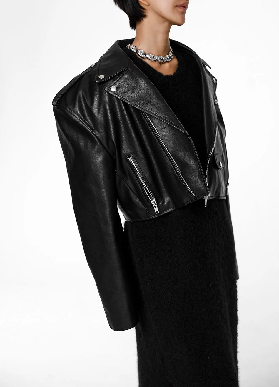 Tidus Cropped Biker Jacket - Black - Image 5