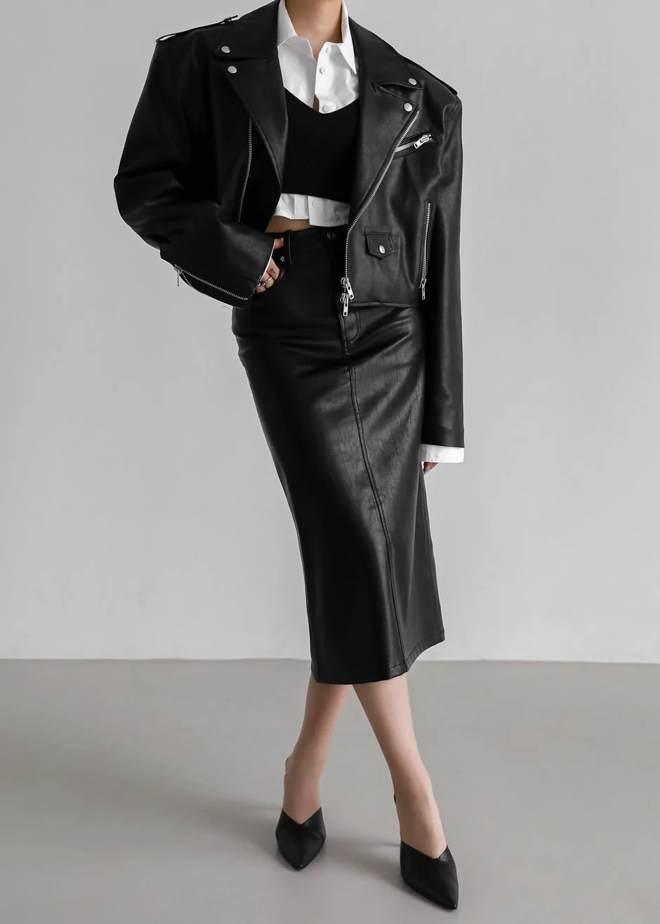 Tidus Cropped Biker Jacket - Black - Image 7
