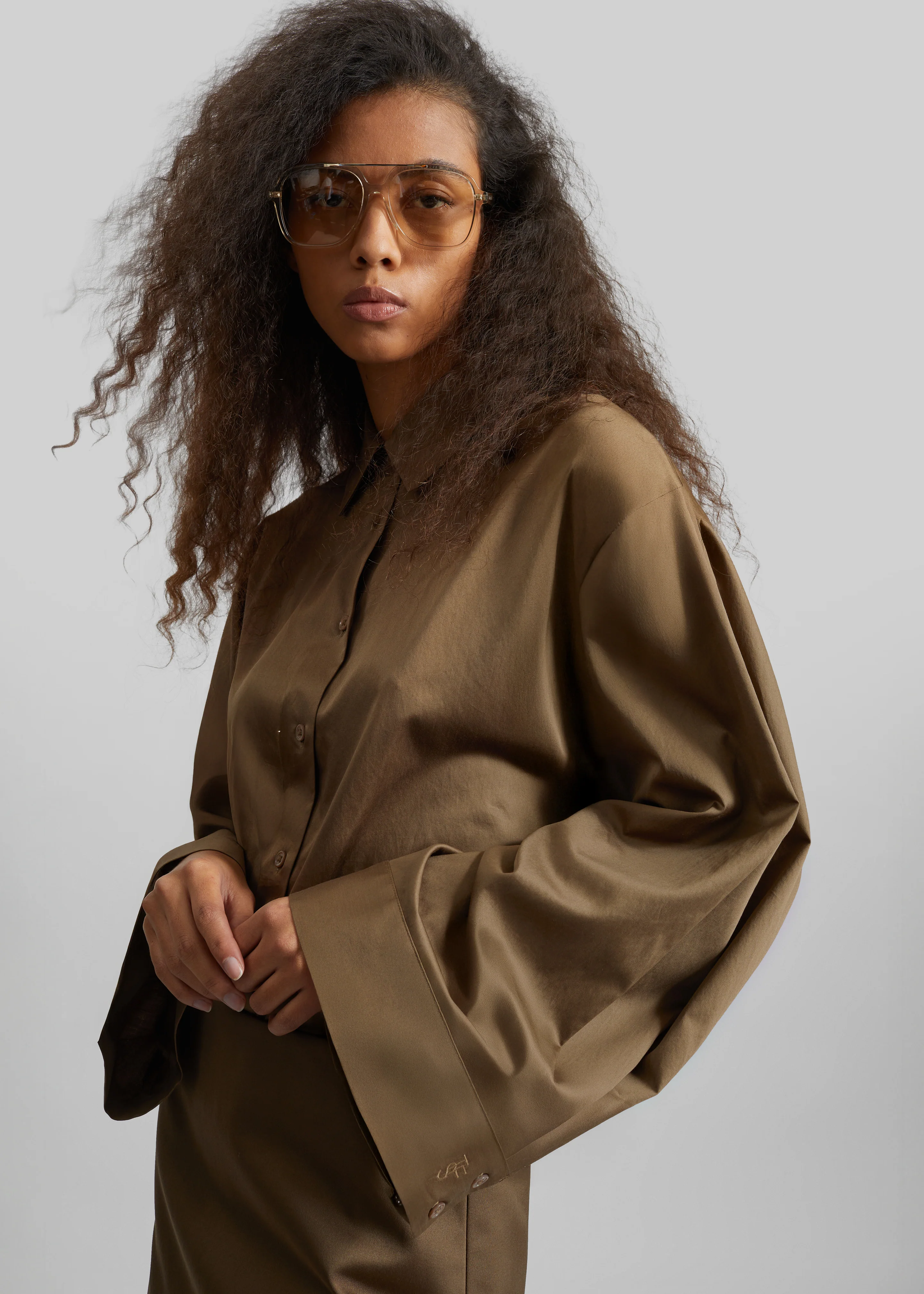 Tila Satin Wide Sleeve Shirt - Brown - Image 3
