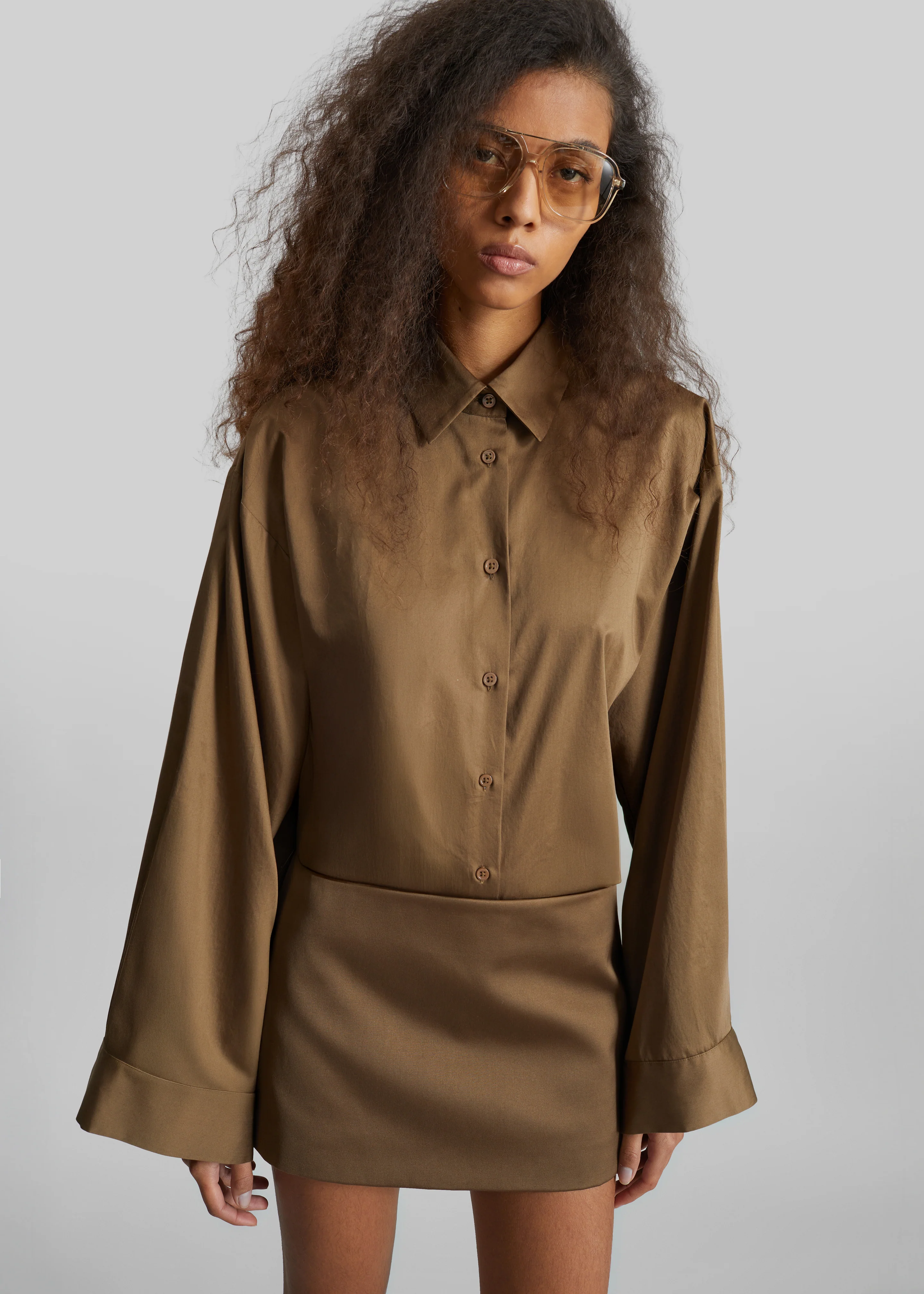 Tila Satin Wide Sleeve Shirt - Brown - Image 4