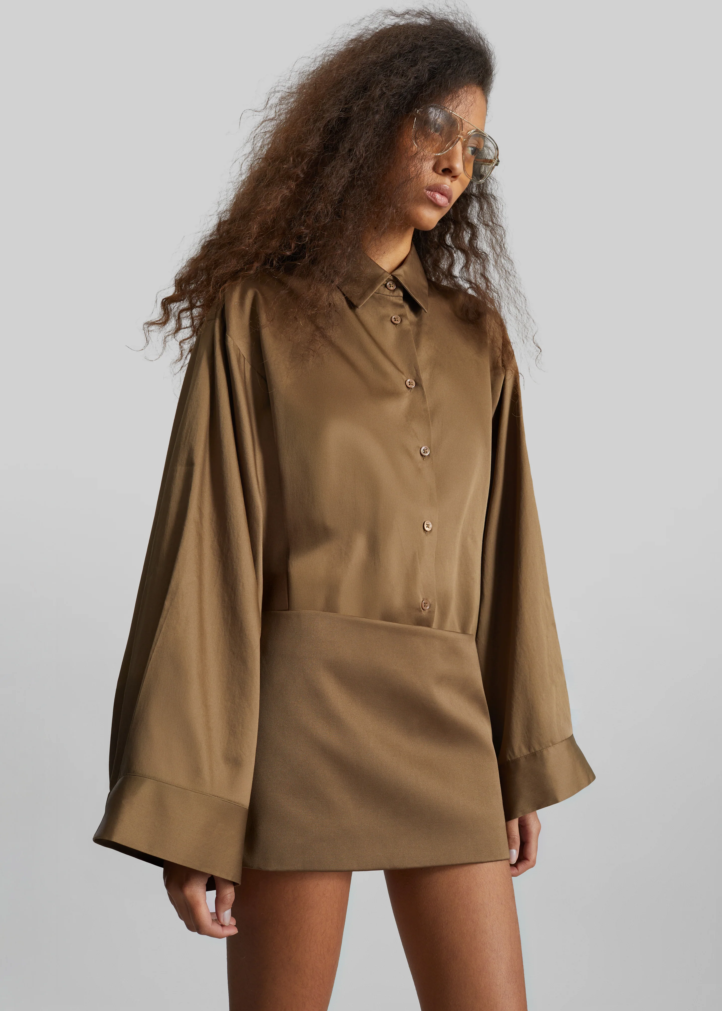Tila Satin Wide Sleeve Shirt - Brown - Image 5