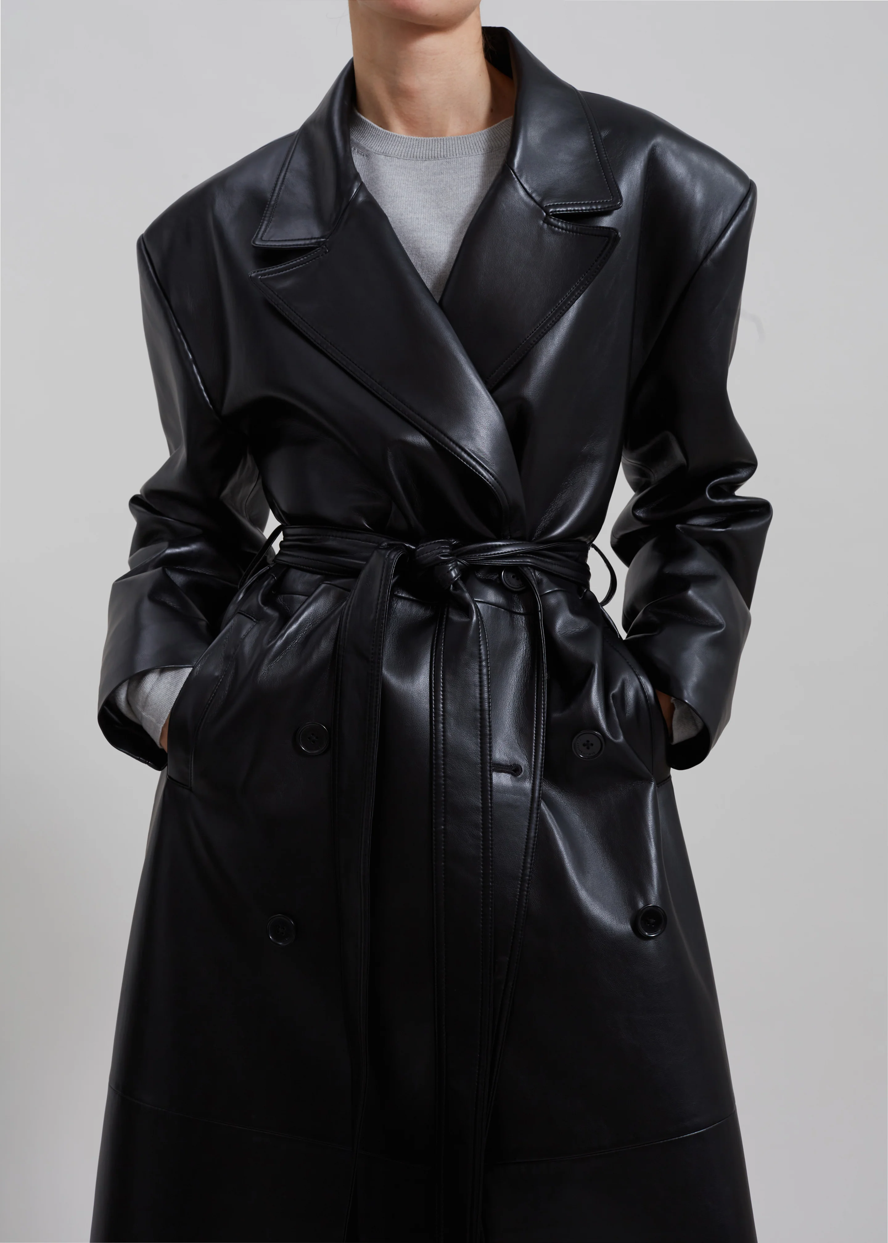 Tina Faux Leather Trench Coat - Black - Image 4
