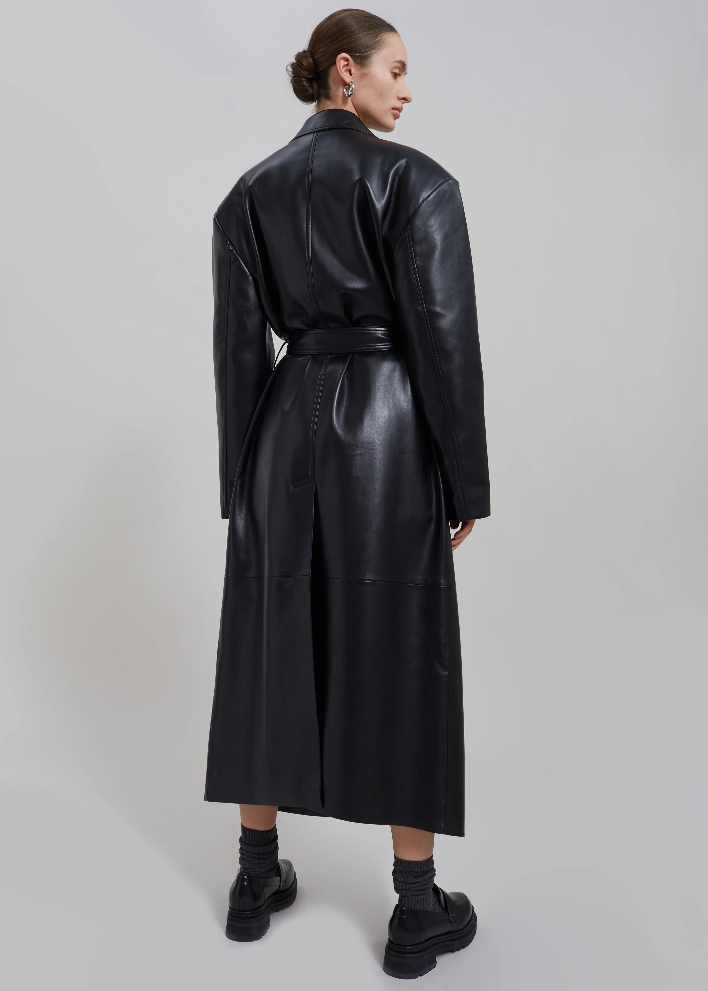 Tina Faux Leather Trench Coat - Black - Image 5