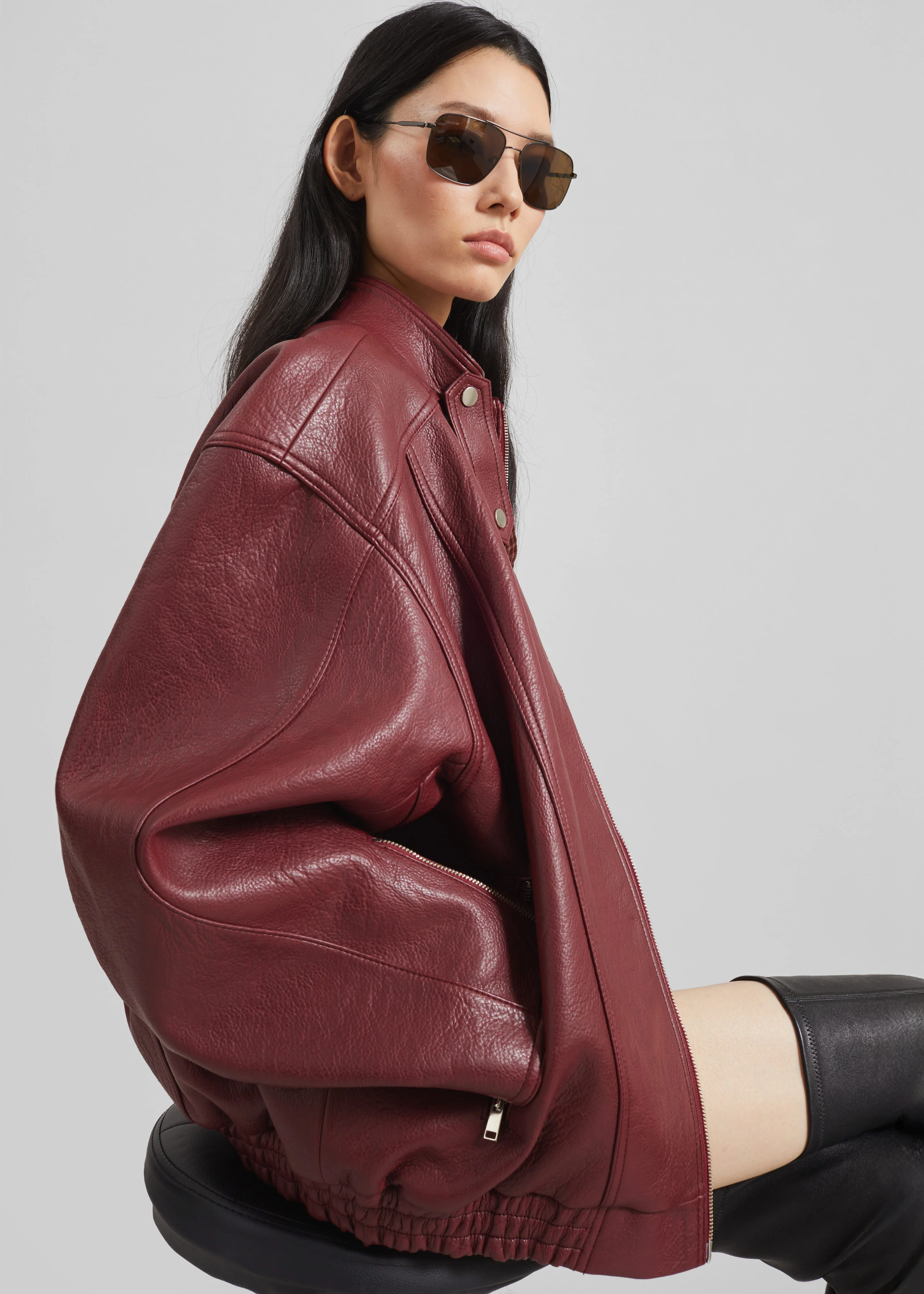Troye Faux Leather Bomber Jacket - Burgundy - Image 2