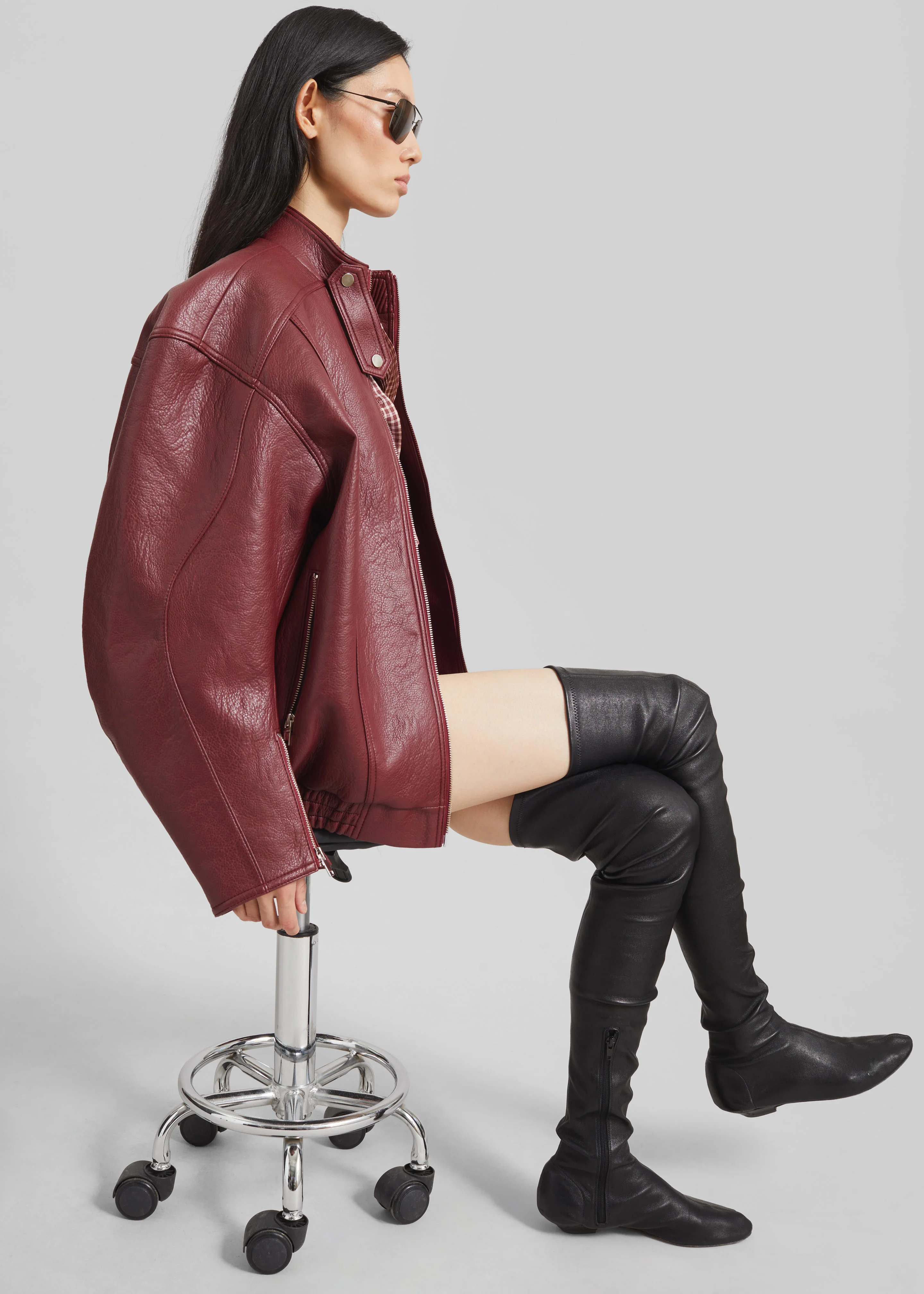 Troye Faux Leather Bomber Jacket - Burgundy - Image 5