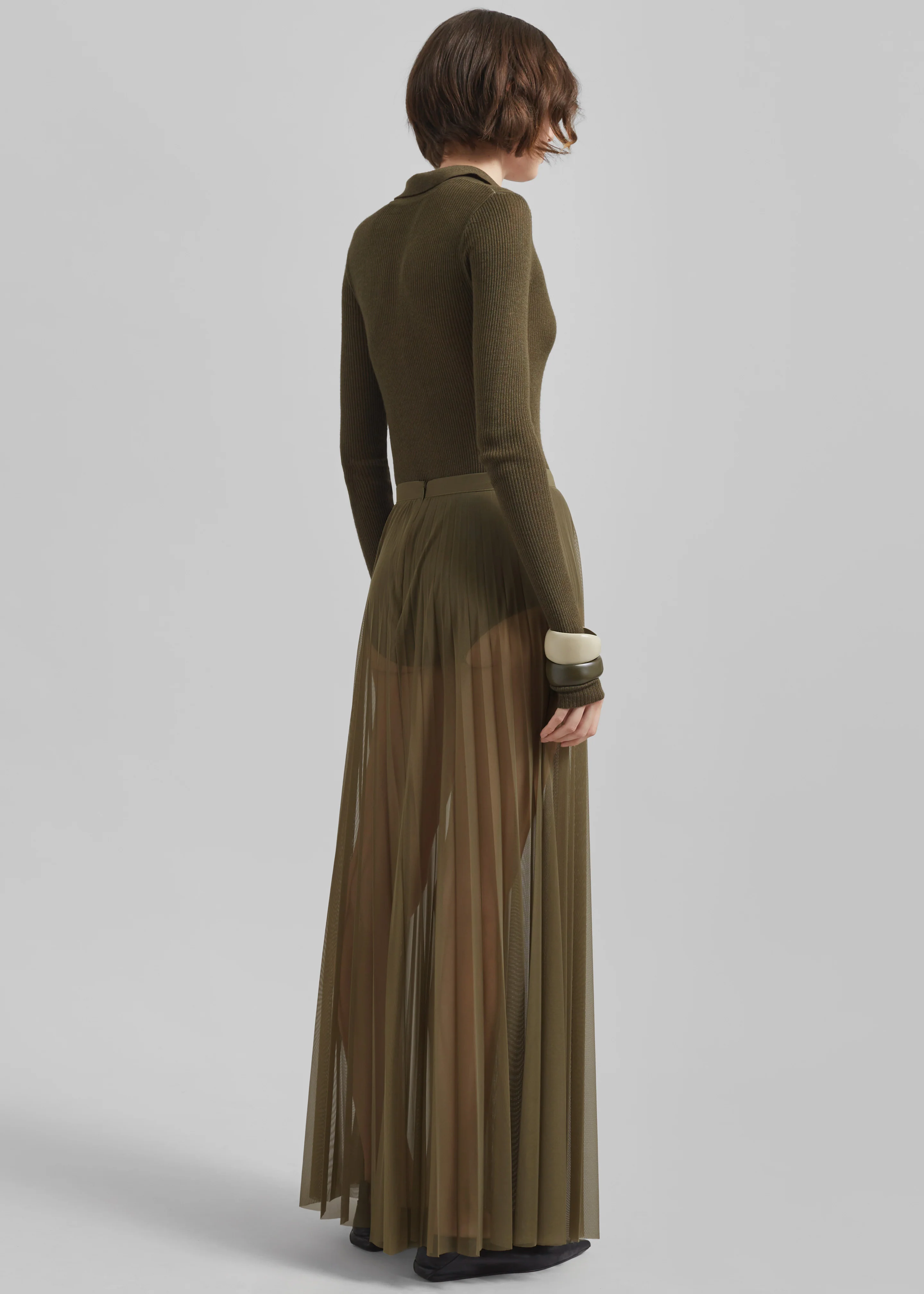 Vallen Pleated Mesh Maxi Skirt - Khaki - Image 10