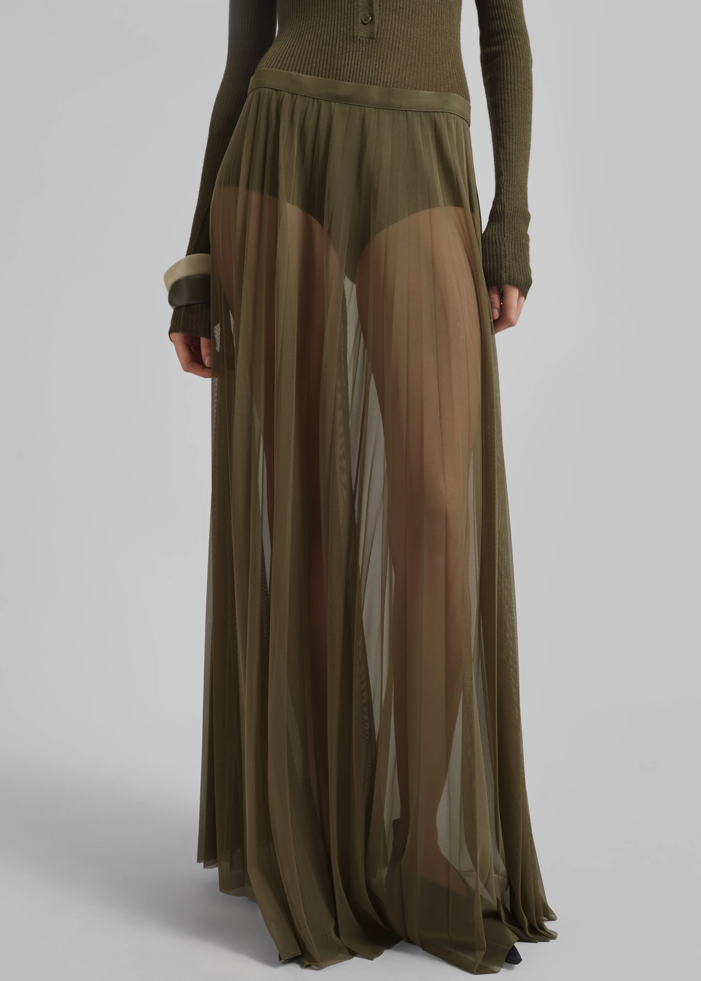 Vallen Pleated Mesh Maxi Skirt - Khaki - Image 2