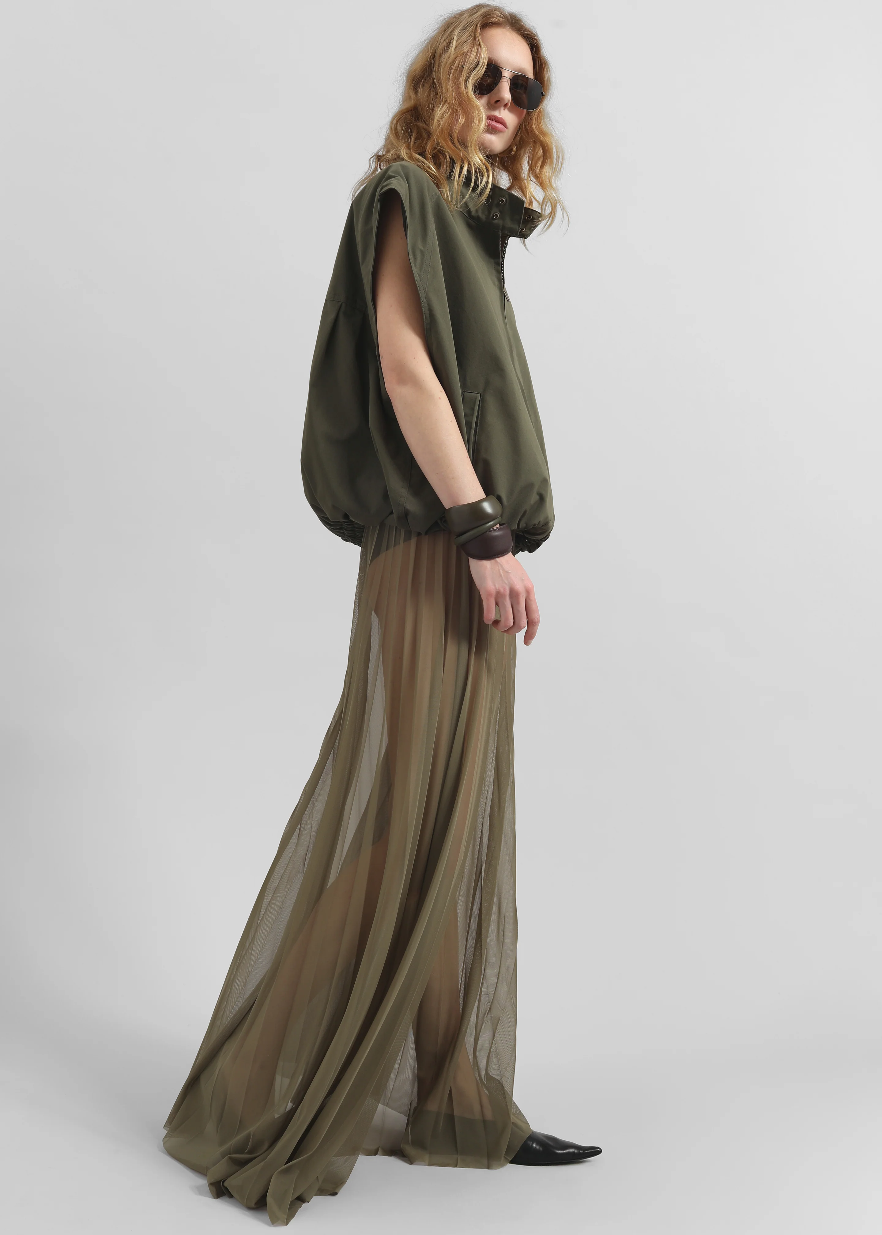 Vallen Pleated Mesh Maxi Skirt - Khaki - Image 8