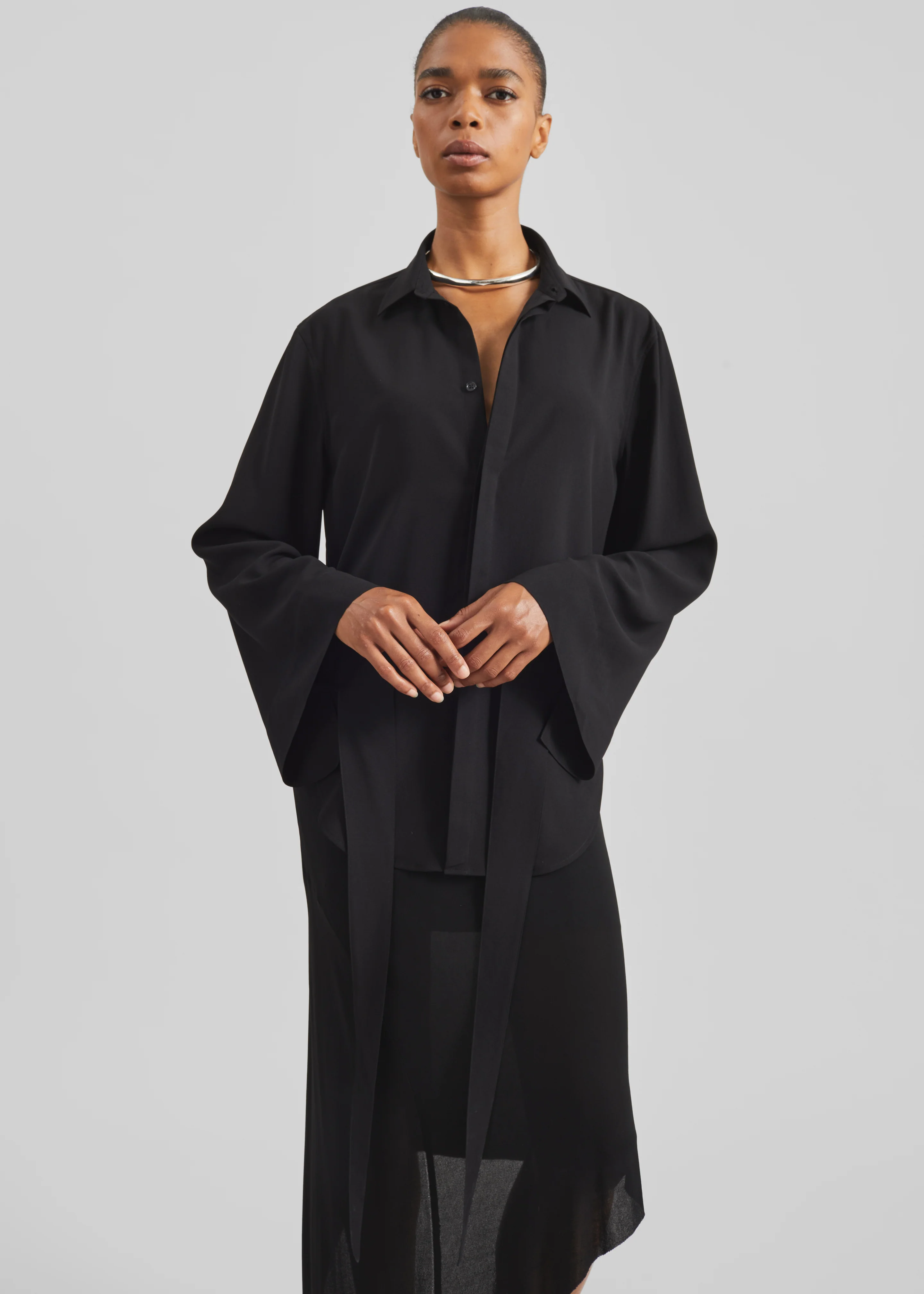 Verlin Sheer Chiffon Tie Cuff Shirt - Black - Image 3