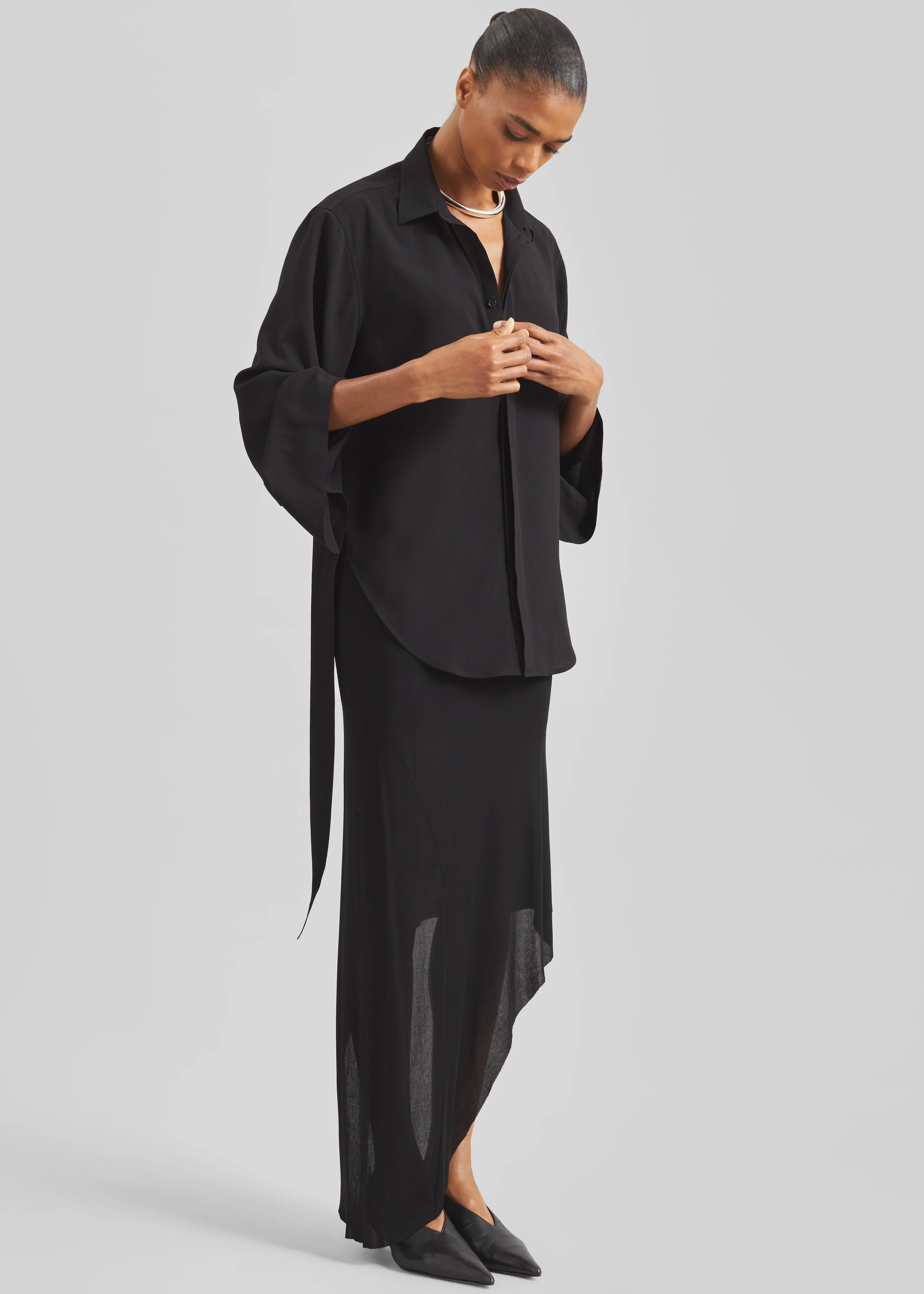 Verlin Sheer Chiffon Tie Cuff Shirt - Black - Image 7