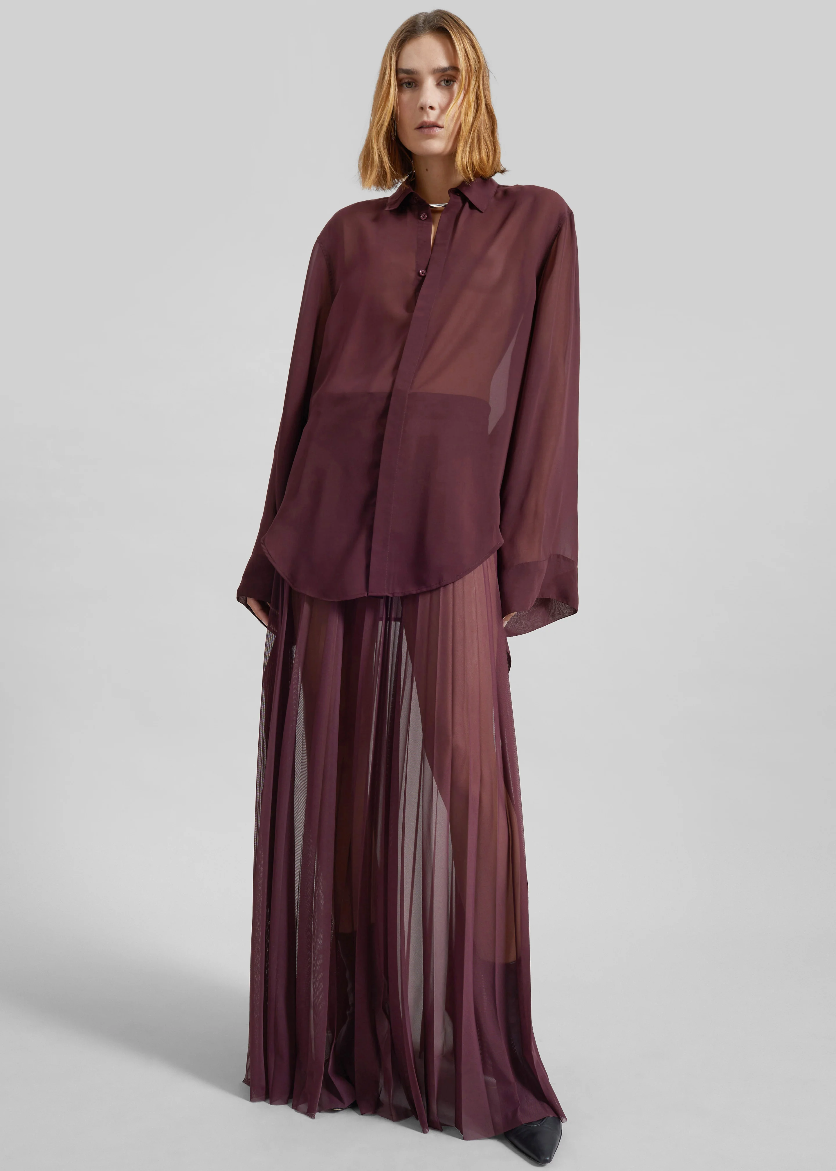 Verlin Sheer Chiffon Tie Cuff Shirt - Burgundy - Image 2
