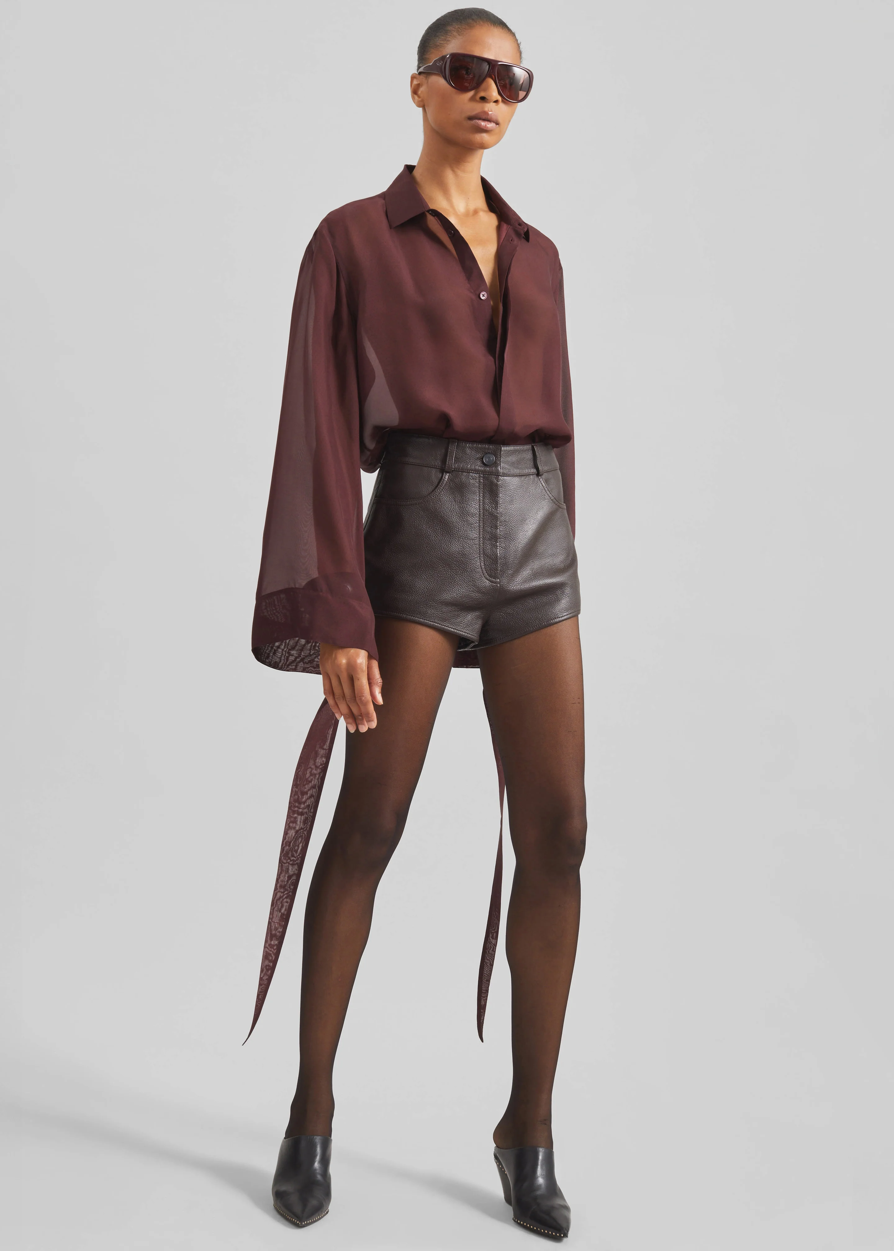 Verlin Sheer Chiffon Tie Cuff Shirt - Burgundy - Image 3