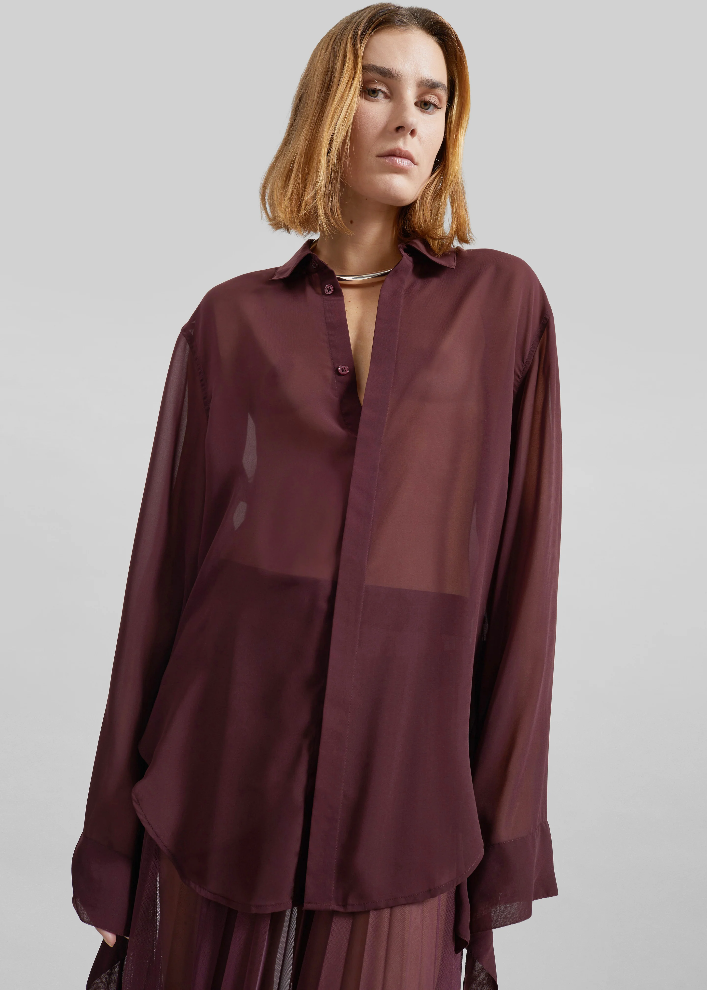 Verlin Sheer Chiffon Tie Cuff Shirt - Burgundy - Image 4