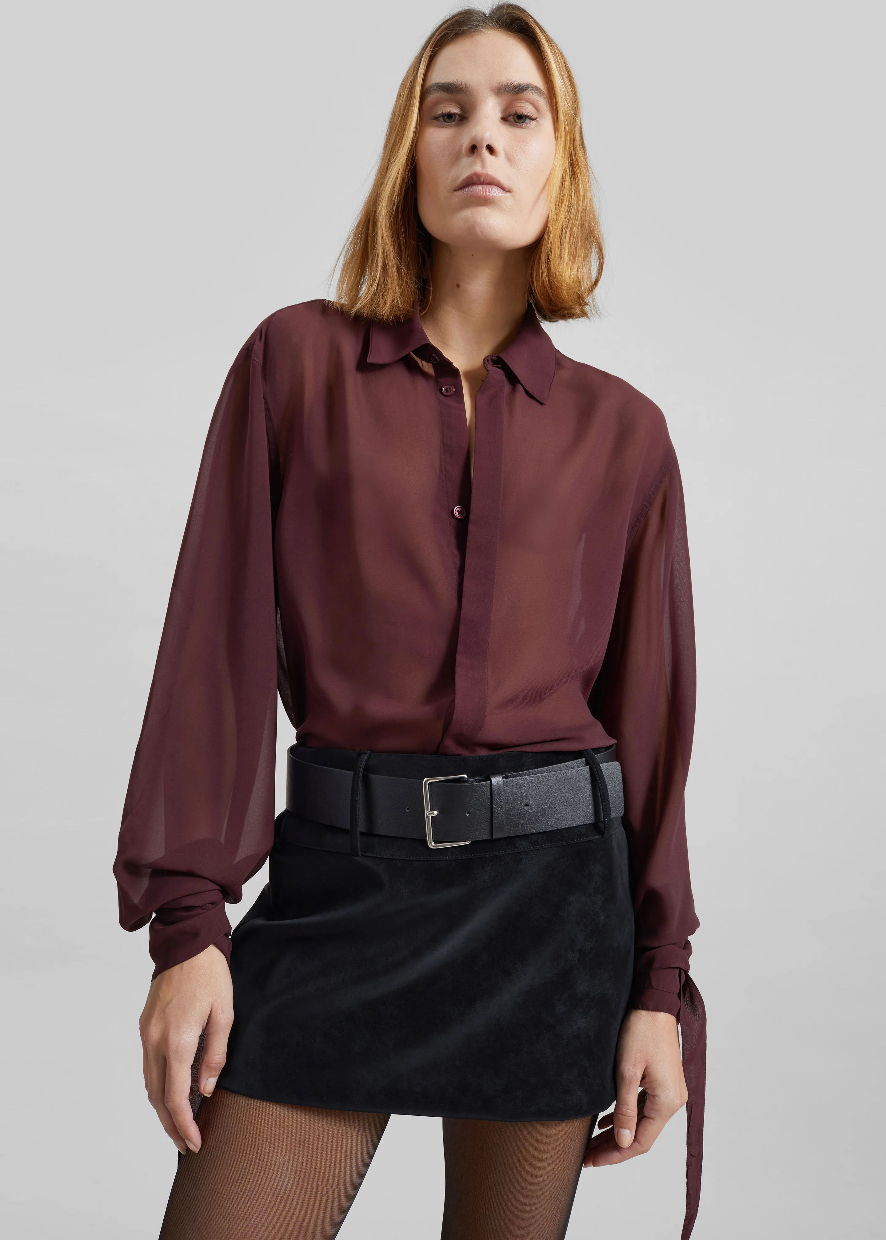 Verlin Sheer Chiffon Tie Cuff Shirt - Burgundy - Image 6