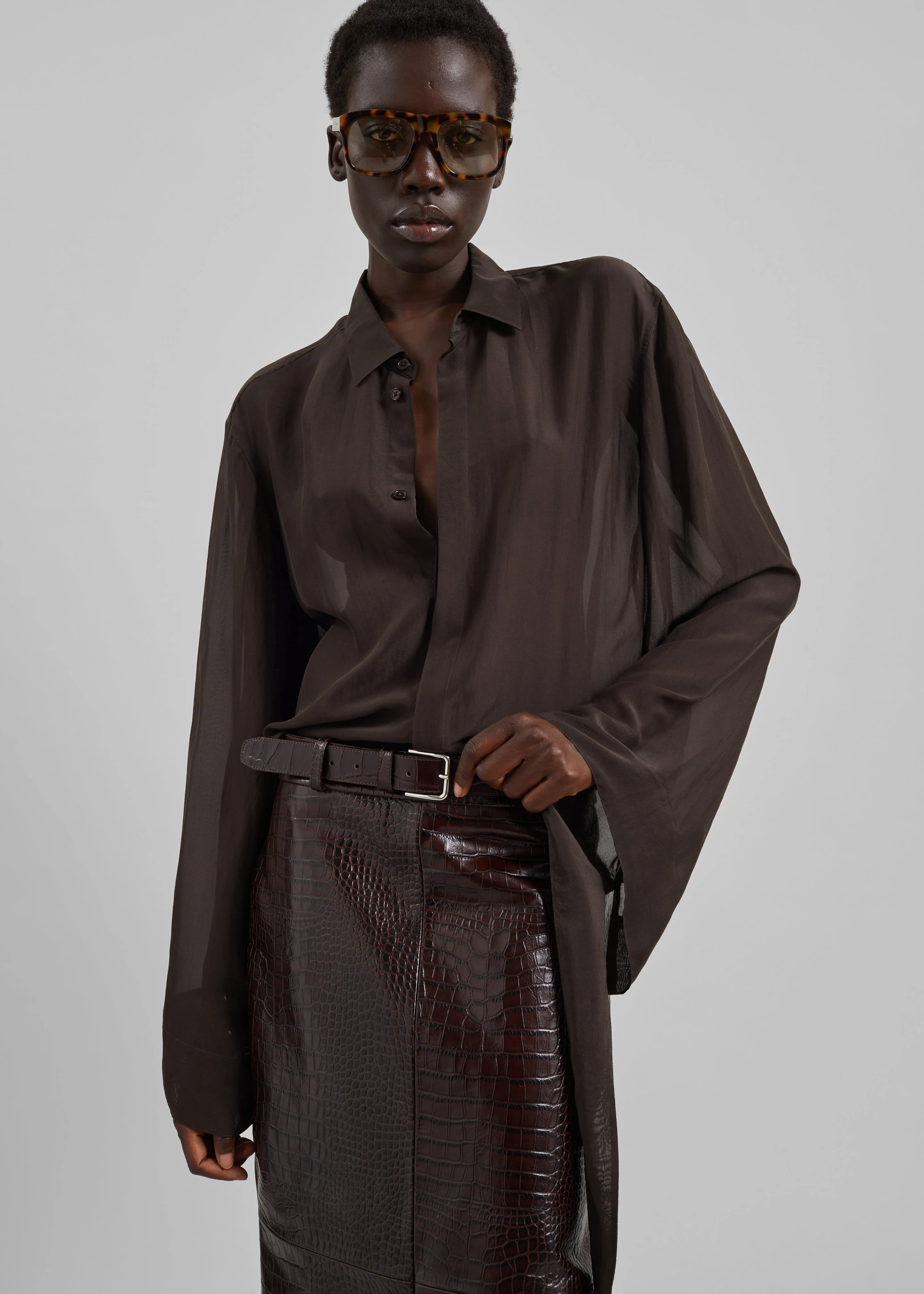 Verlin Sheer Chiffon Tie Cuff Shirt - Dark Brown - Image 2