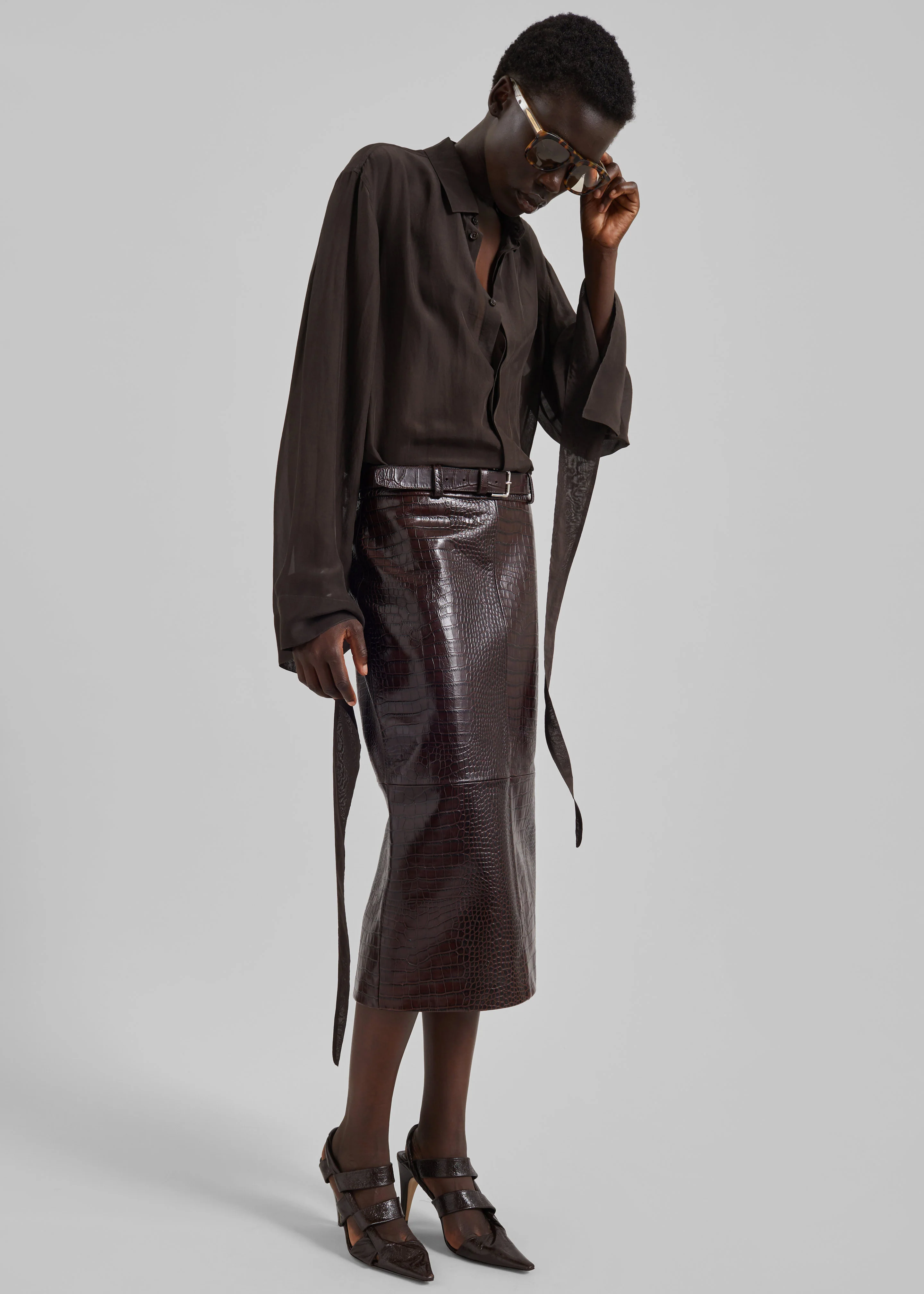 Verlin Sheer Chiffon Tie Cuff Shirt - Dark Brown - Image 3