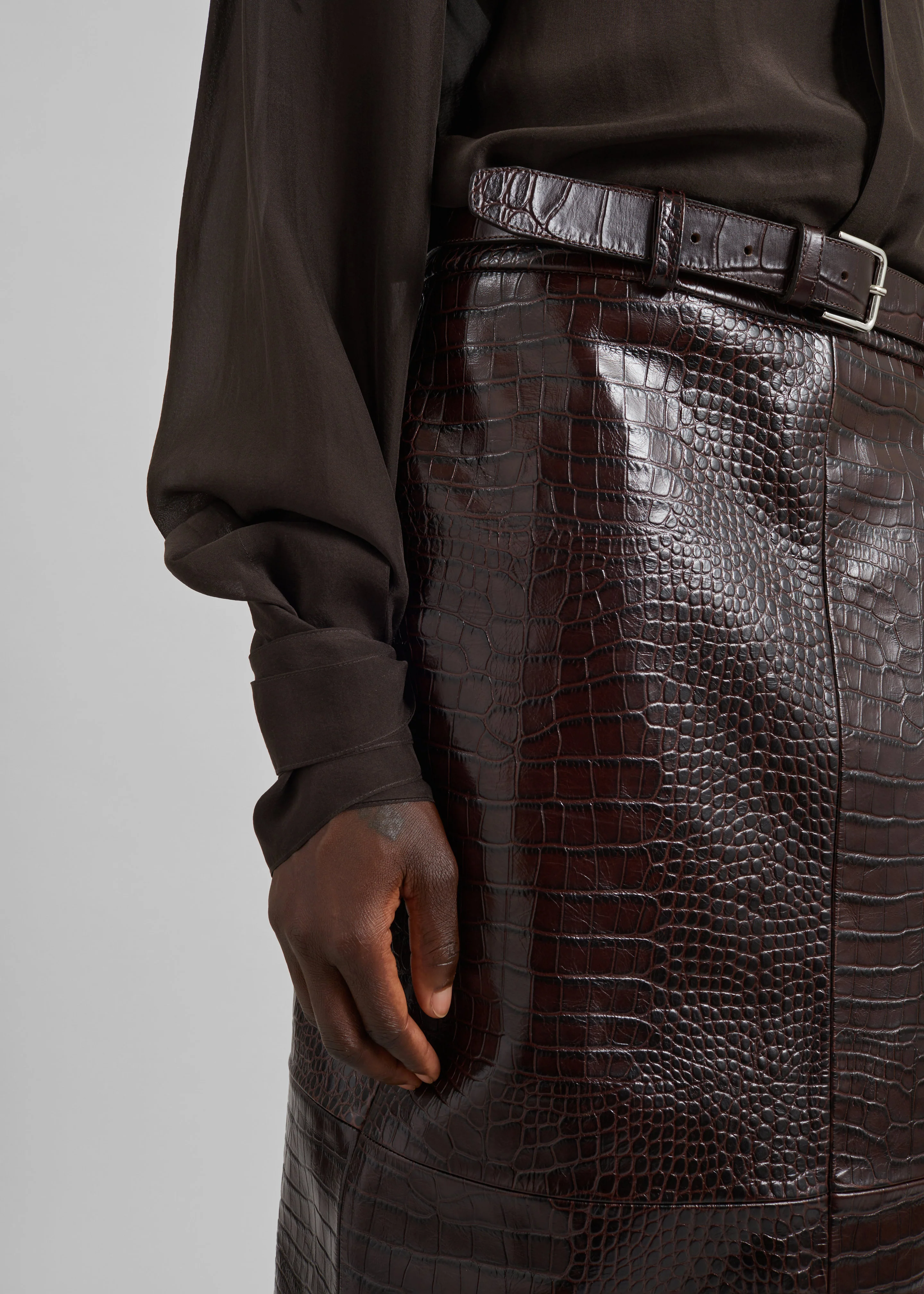 Verlin Sheer Chiffon Tie Cuff Shirt - Dark Brown - Image 5
