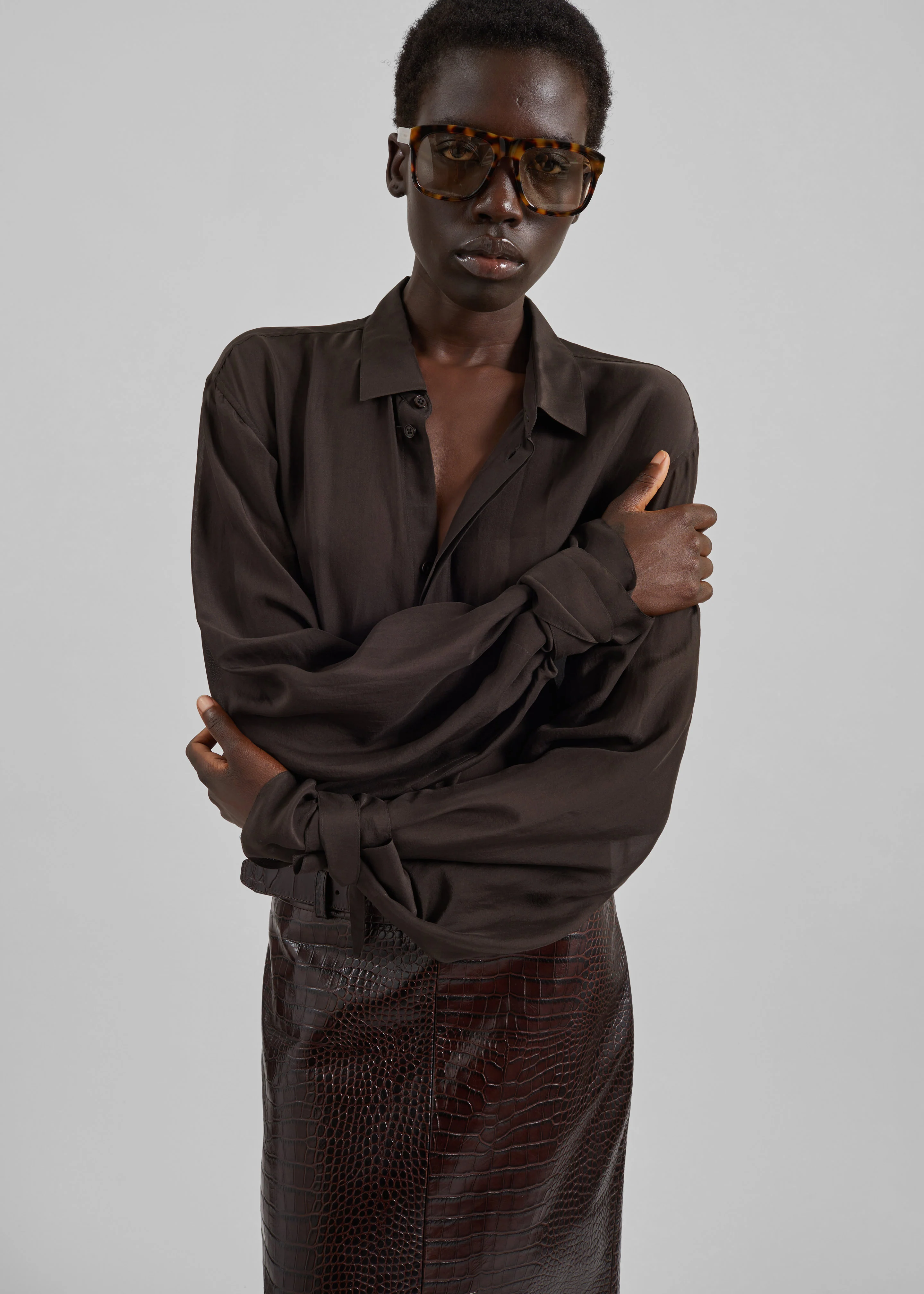 Verlin Sheer Chiffon Tie Cuff Shirt - Dark Brown - Image 6