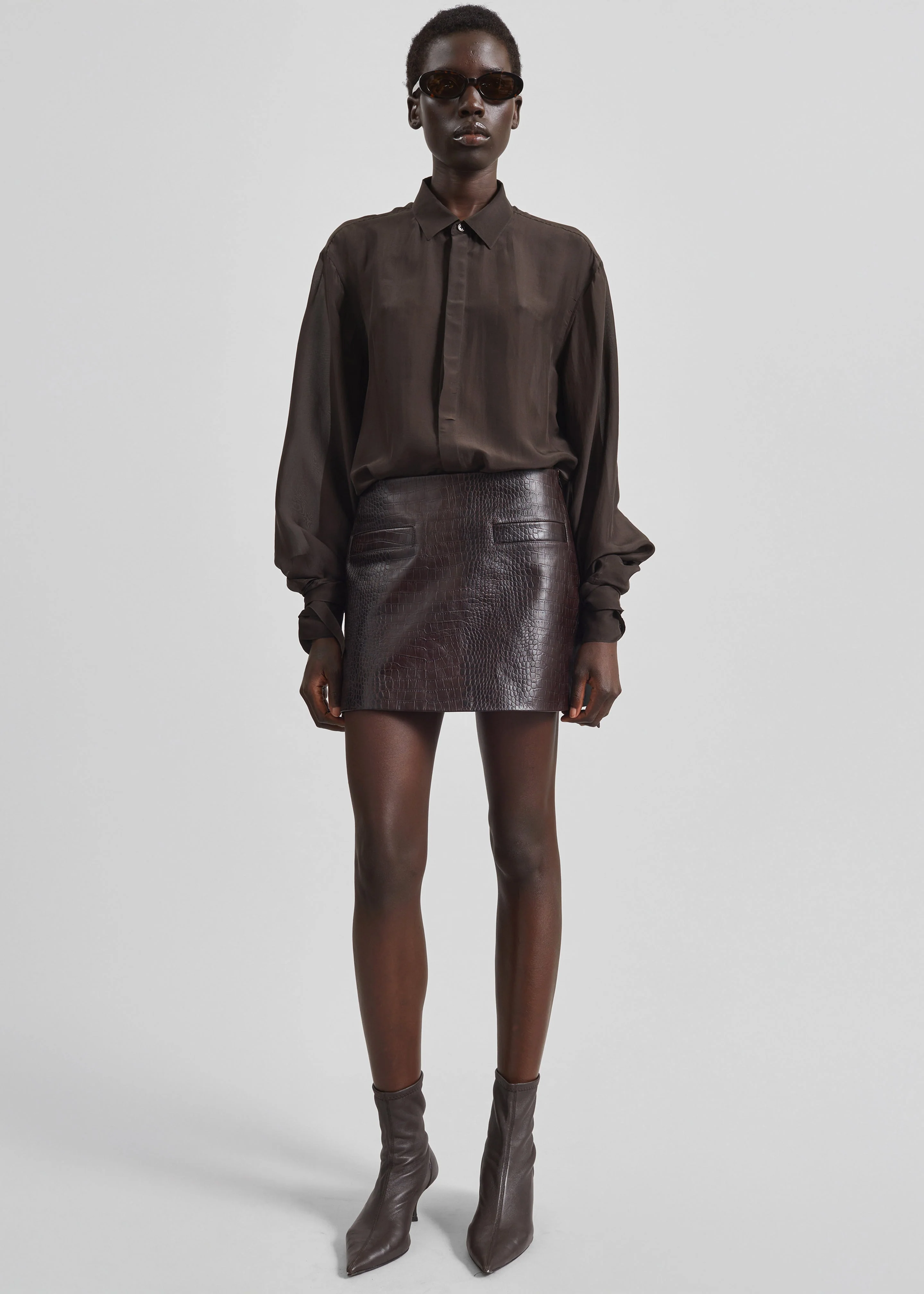 Verlin Sheer Chiffon Tie Cuff Shirt - Dark Brown - Image 7