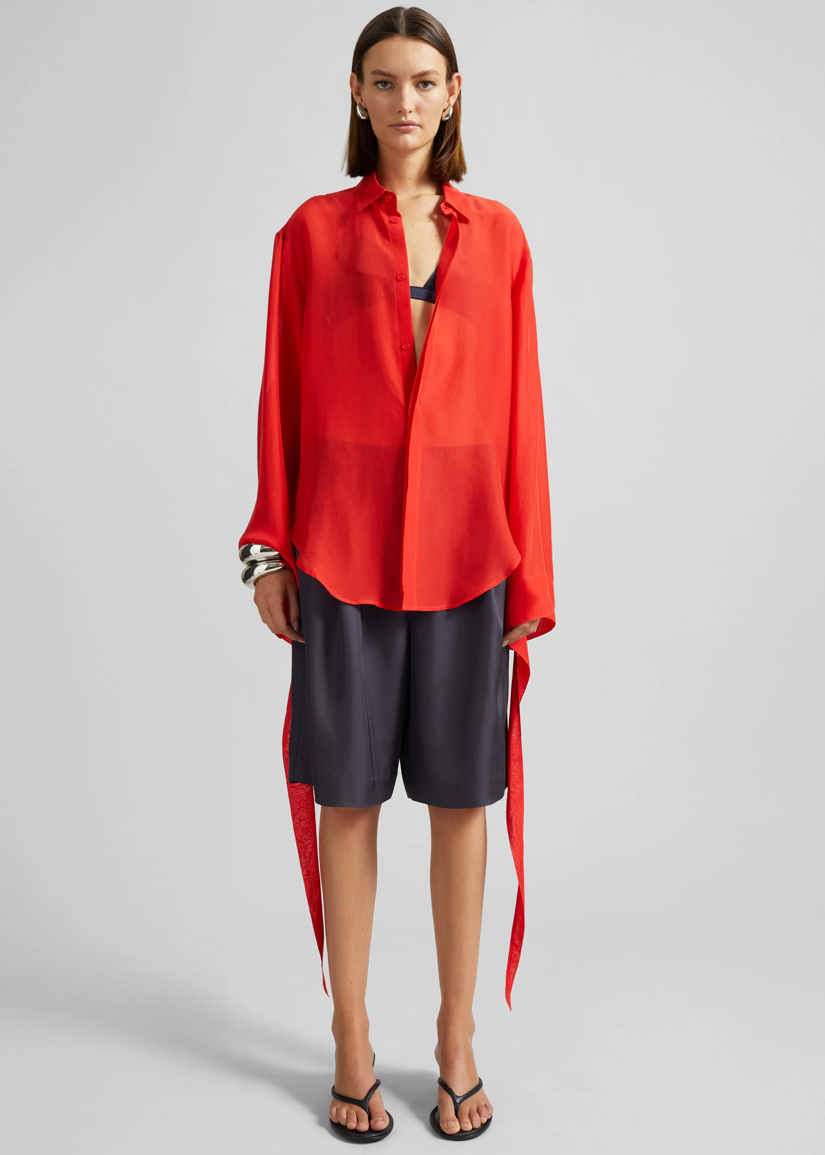 Verlin Sheer Chiffon Tie Cuff Shirt - Red - Image 2