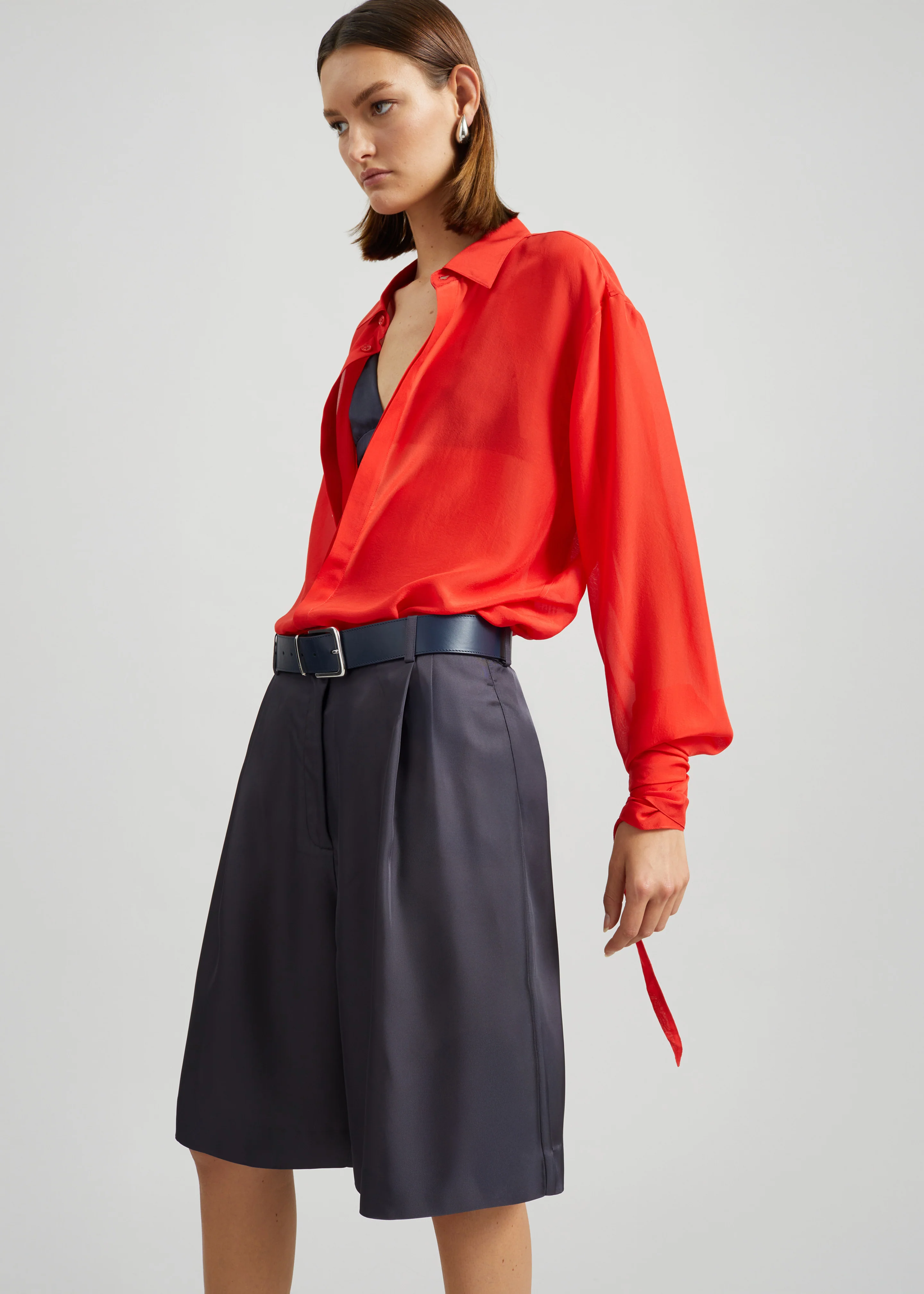 Verlin Sheer Chiffon Tie Cuff Shirt - Red - Image 3
