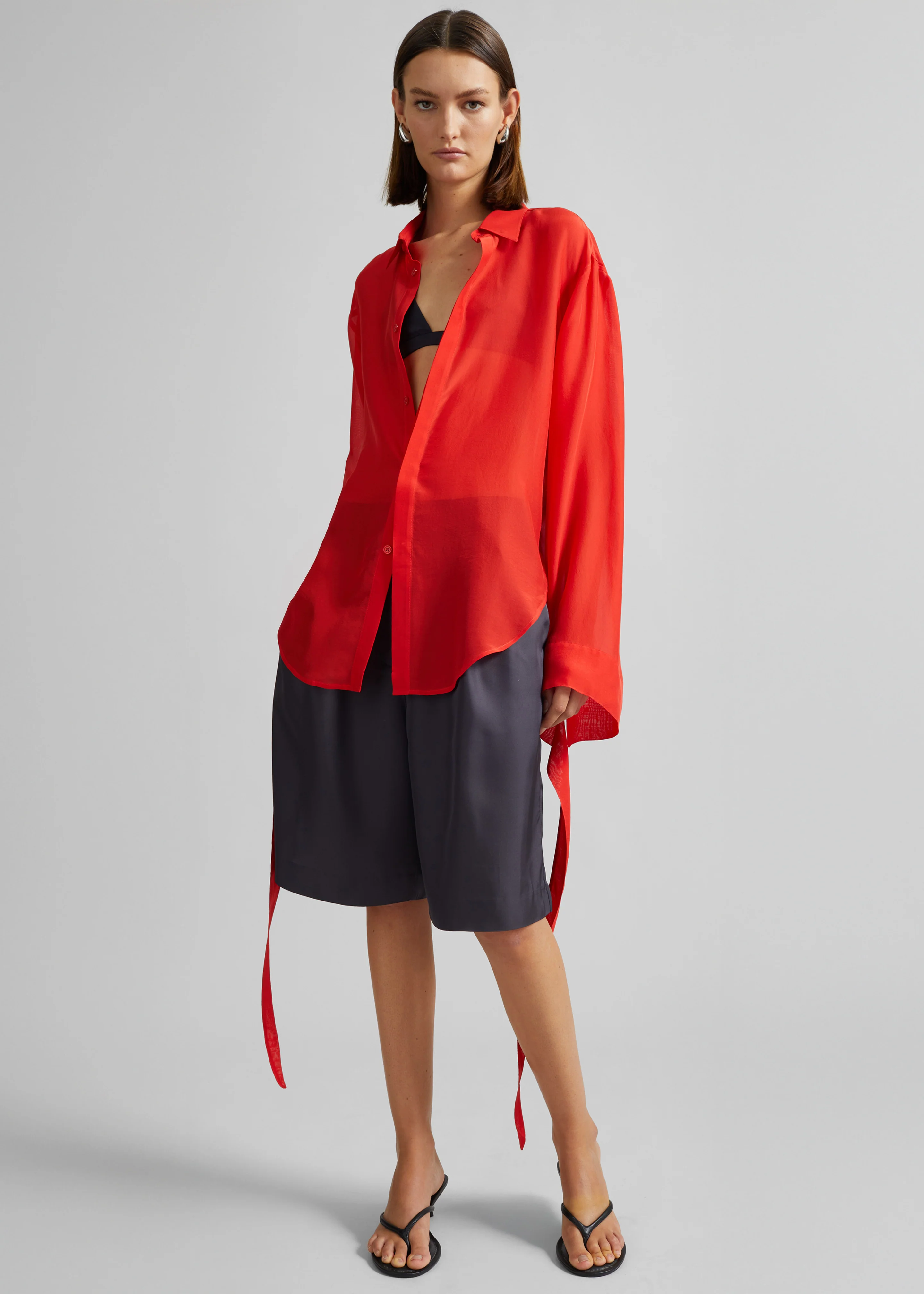 Verlin Sheer Chiffon Tie Cuff Shirt - Red - Image 4
