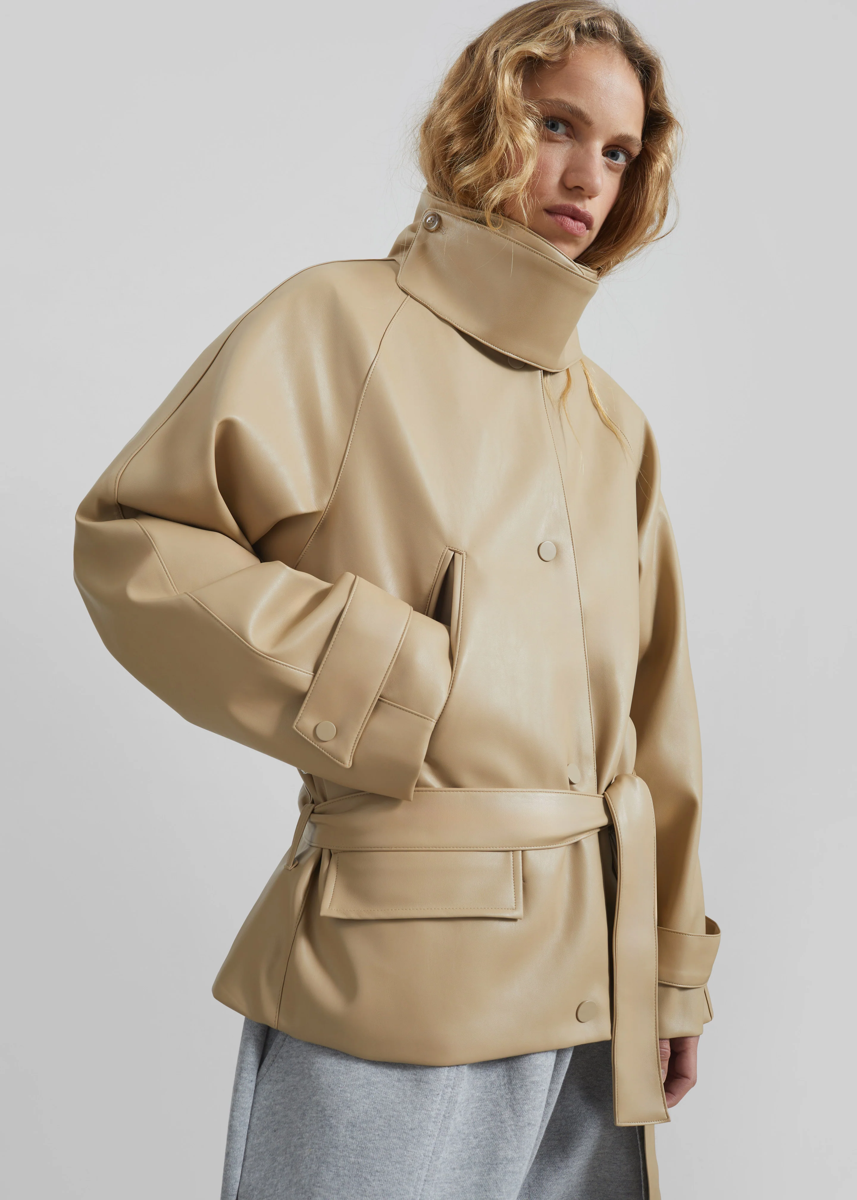 Viran Faux Leather Belted Jacket - Beige - Image 4