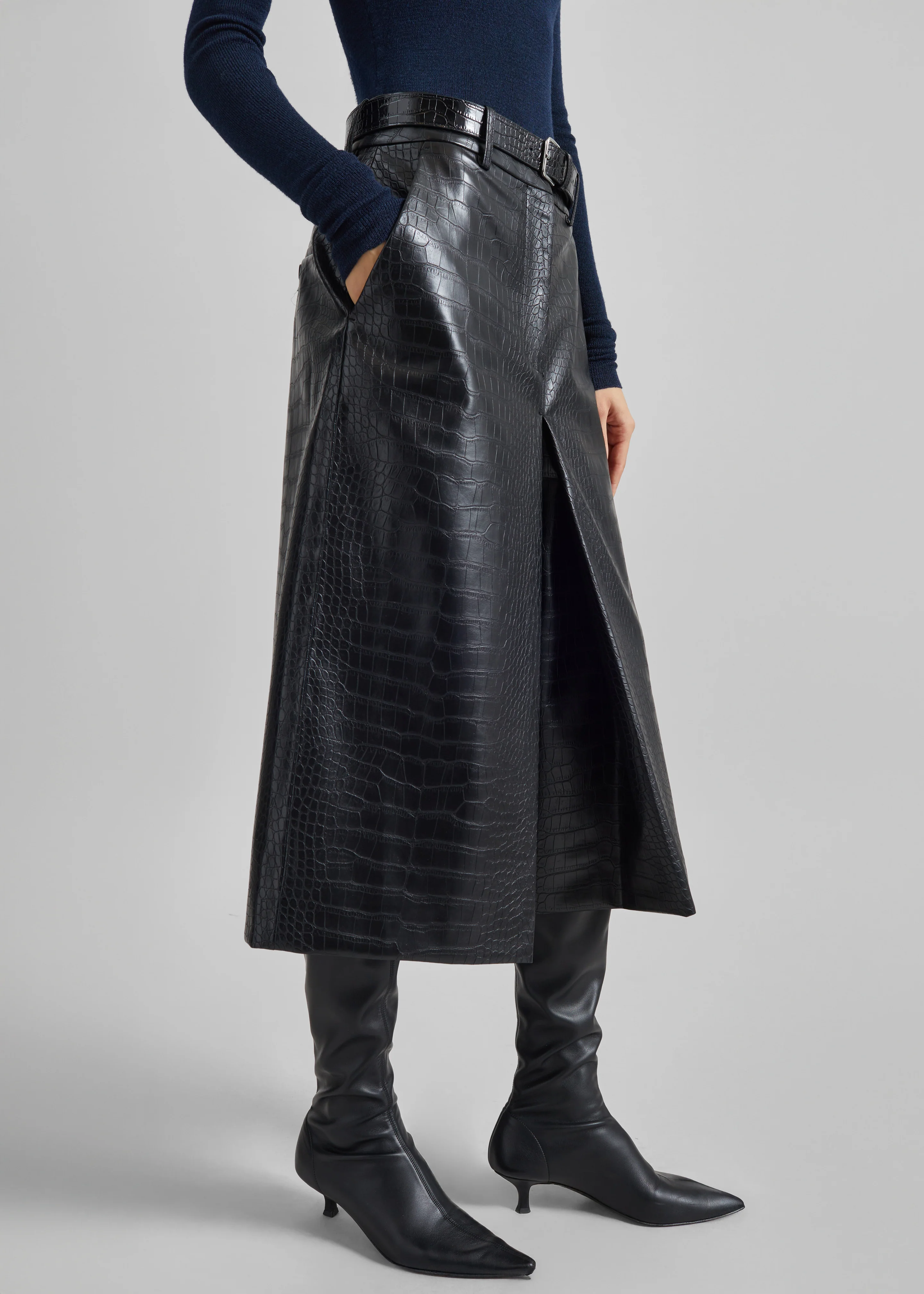 Vivonne Croc Faux Leather Culottes - Black - Image 3