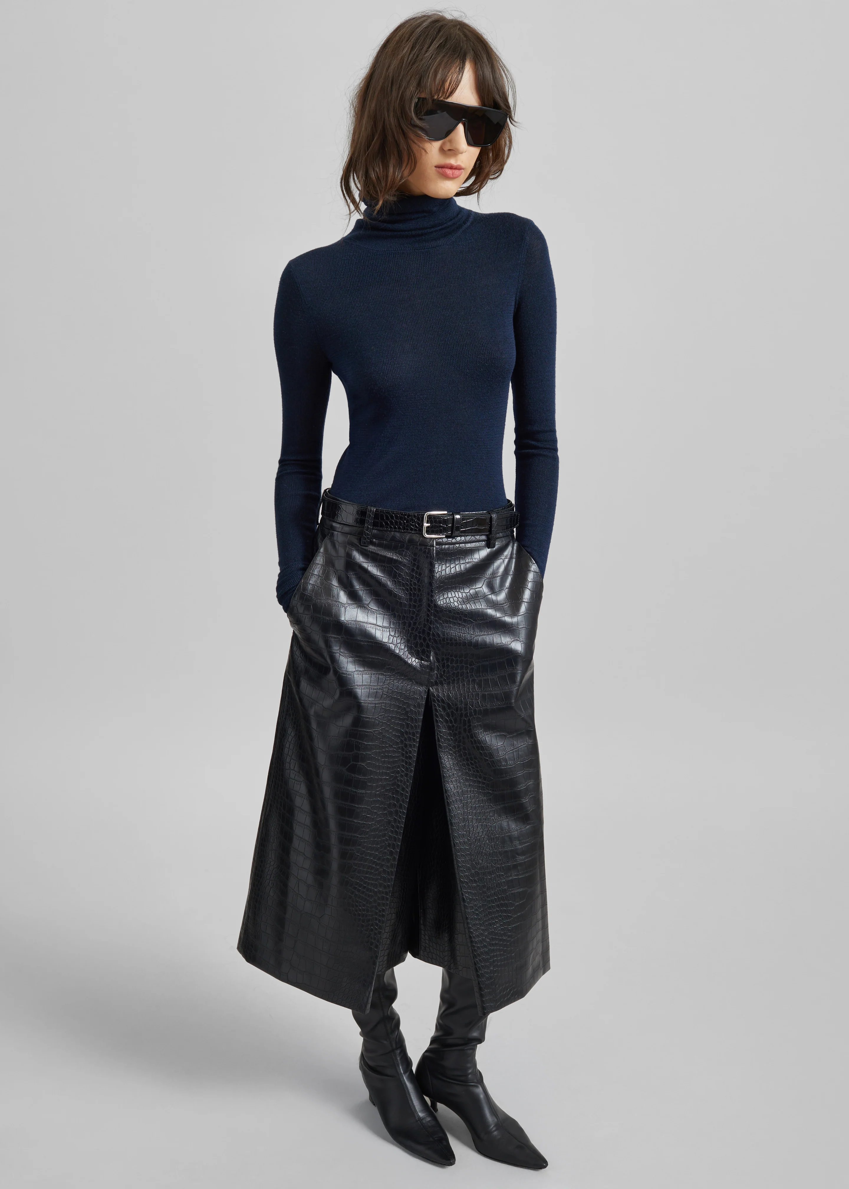 Vivonne Croc Faux Leather Culottes - Black - Image 4