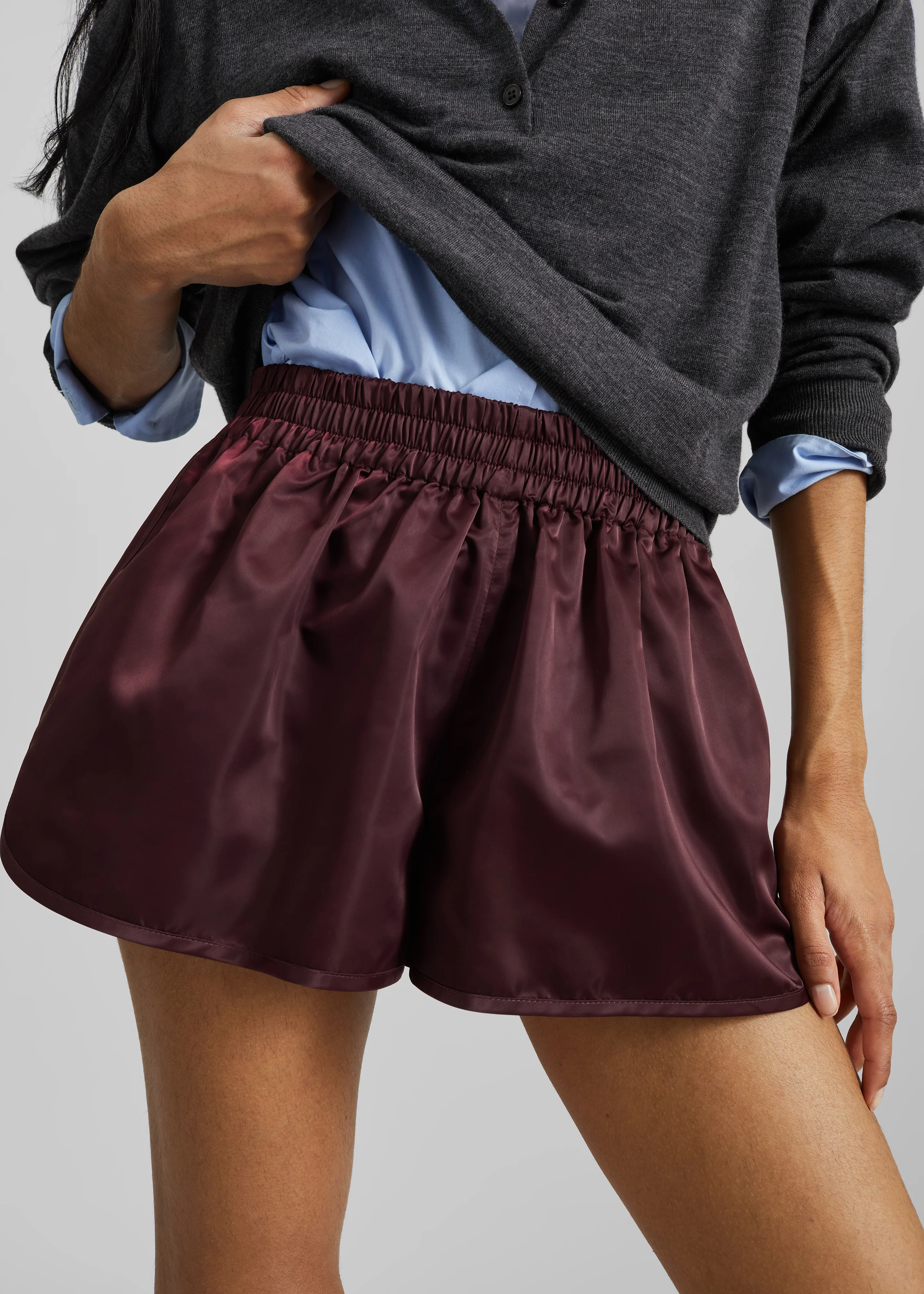 Zafra Satin Mini Shorts - Dark Plum - Image 2
