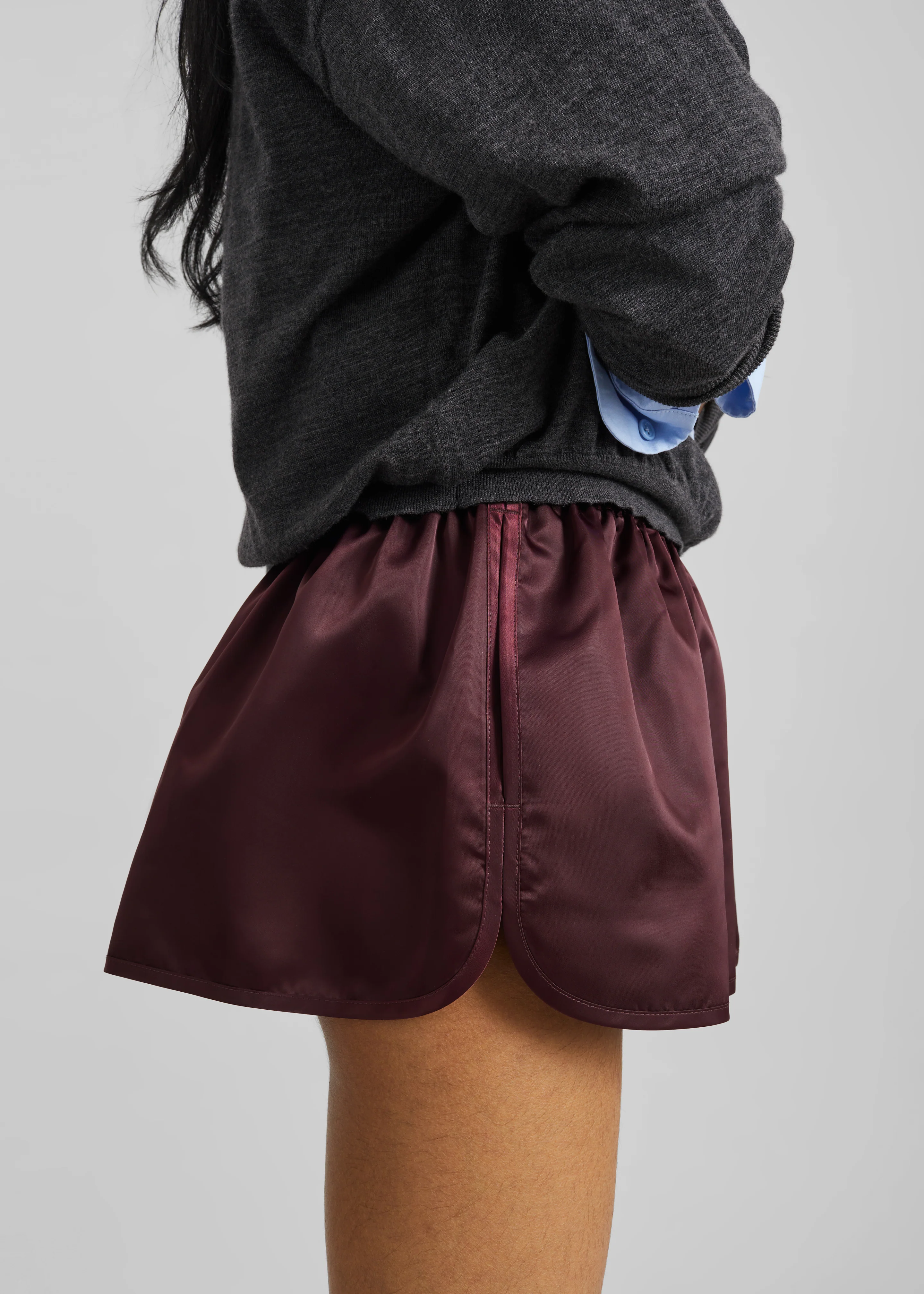 Zafra Satin Mini Shorts - Dark Plum - Image 5