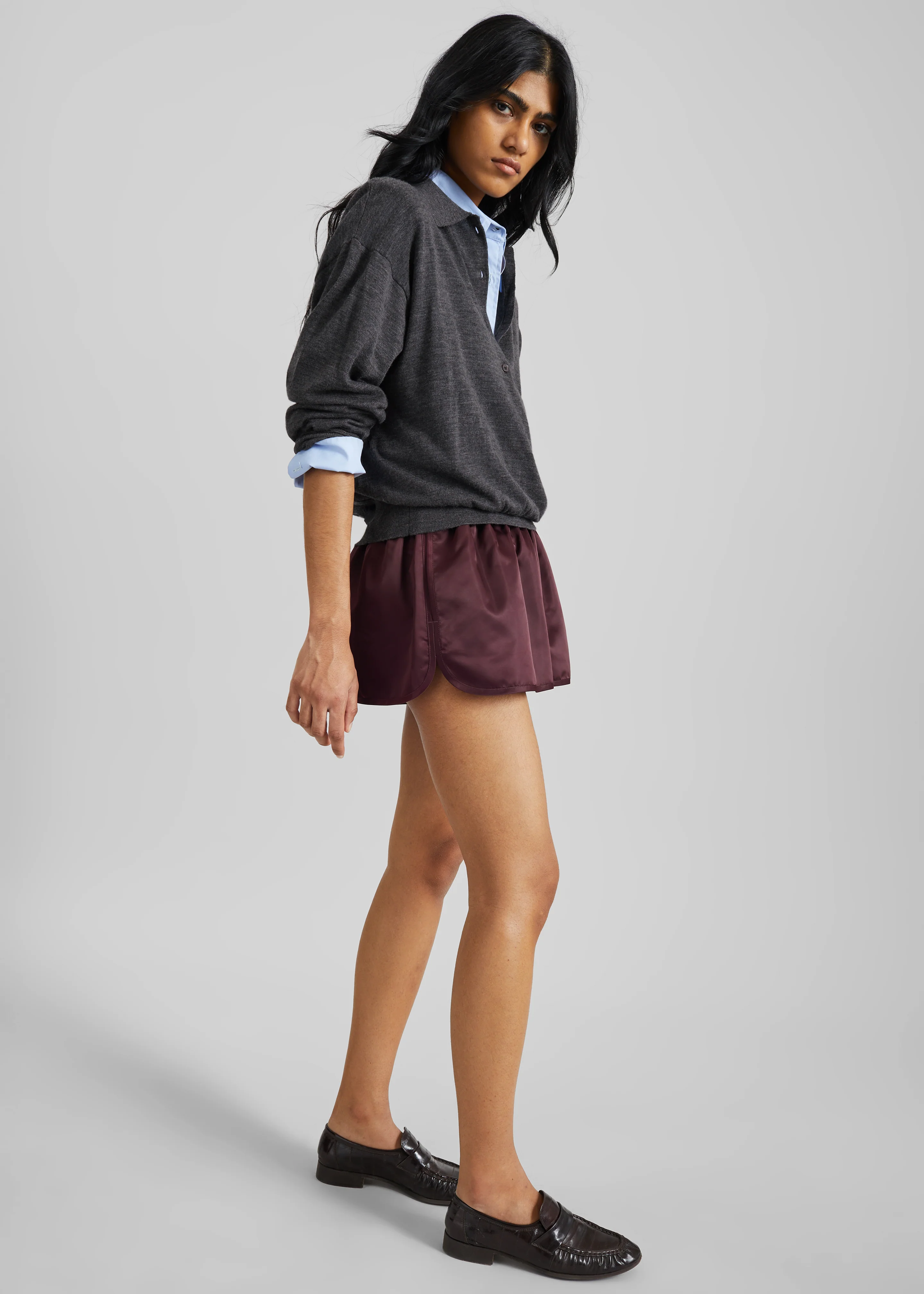 Zafra Satin Mini Shorts - Dark Plum - Image 6