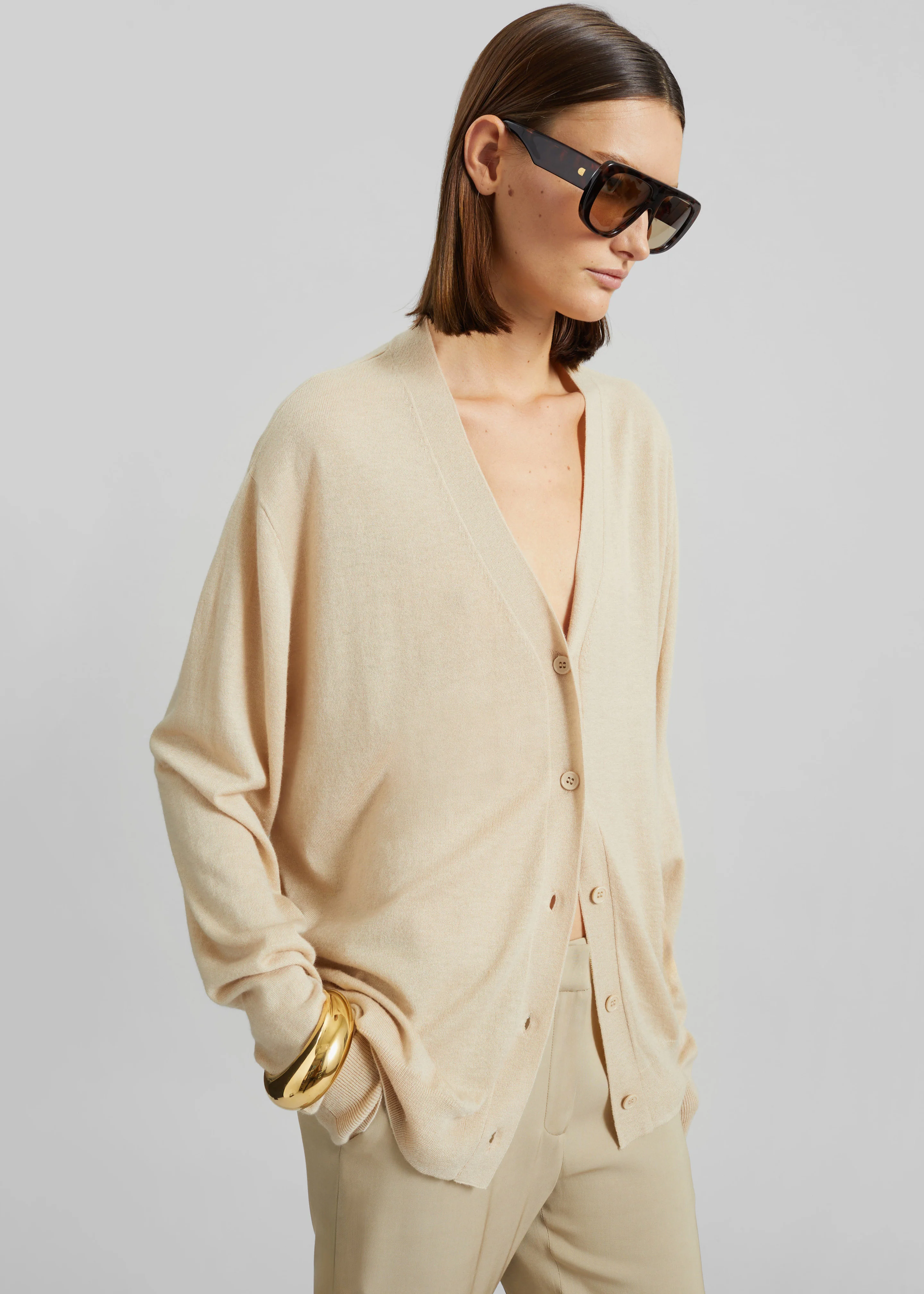 Zina V-Neck Cardigan - Beige - Image 3