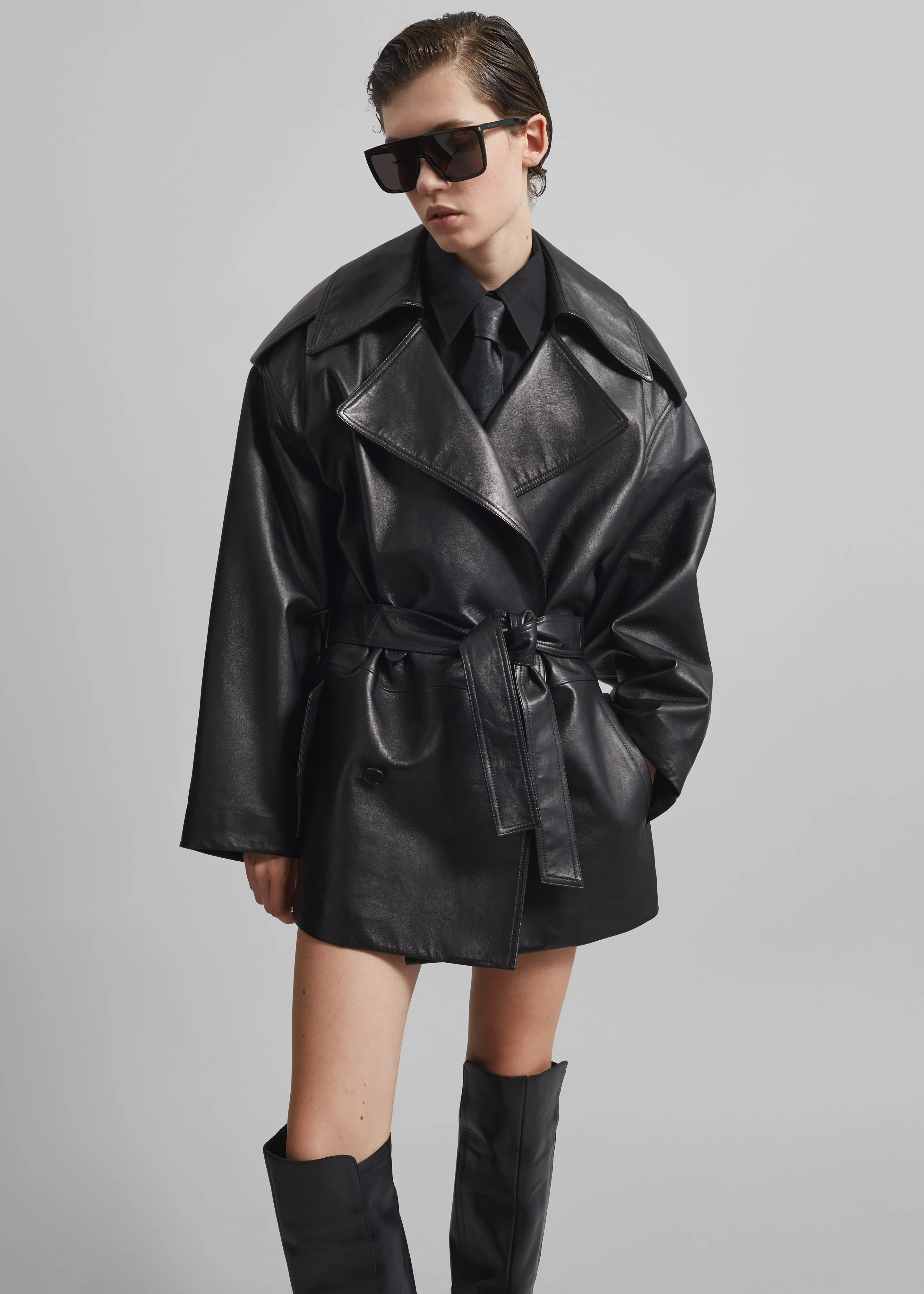 Zurich Oversized Faux Leather Short Trench - Black - Image 2
