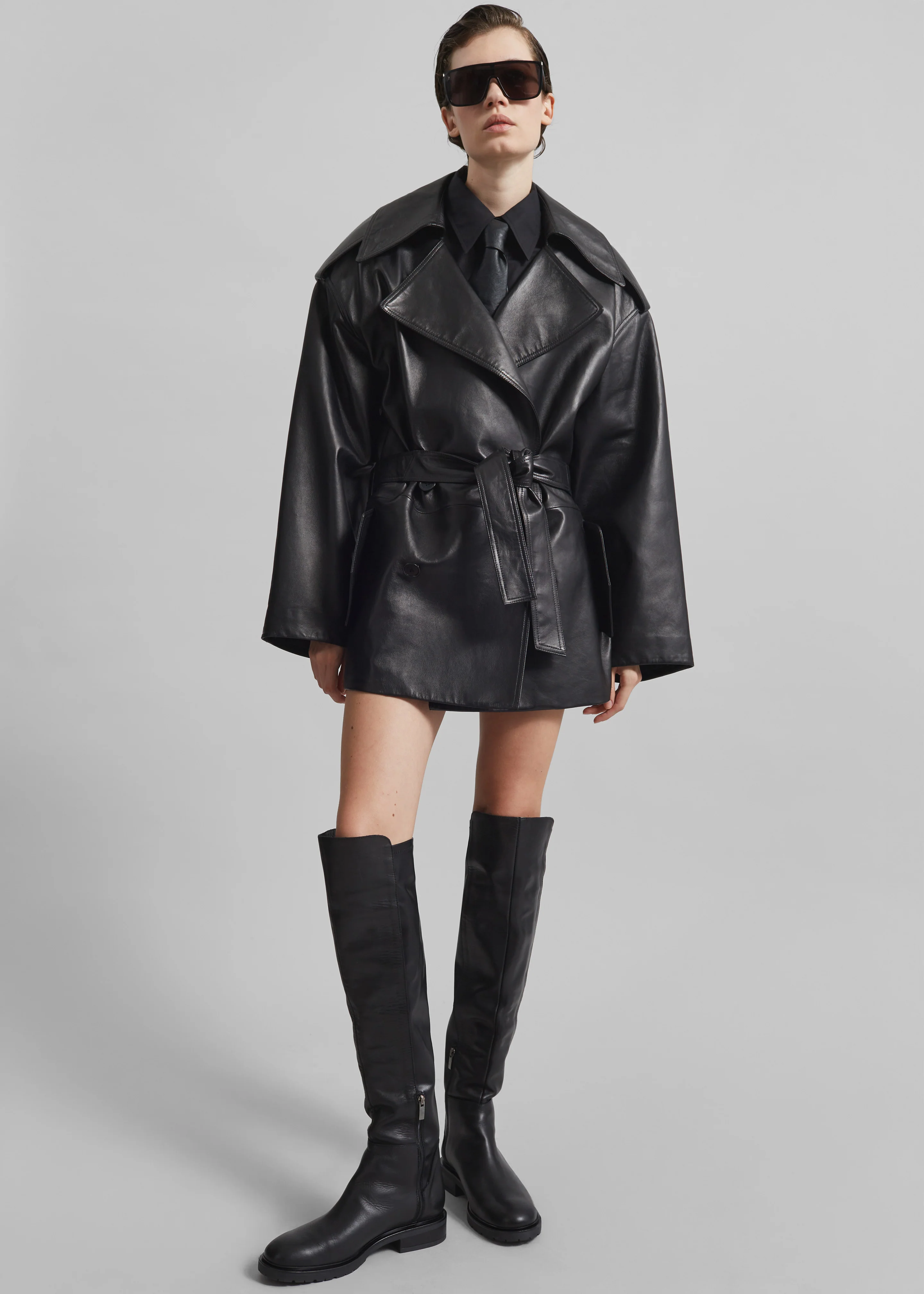 Zurich Oversized Faux Leather Short Trench - Black - Image 3