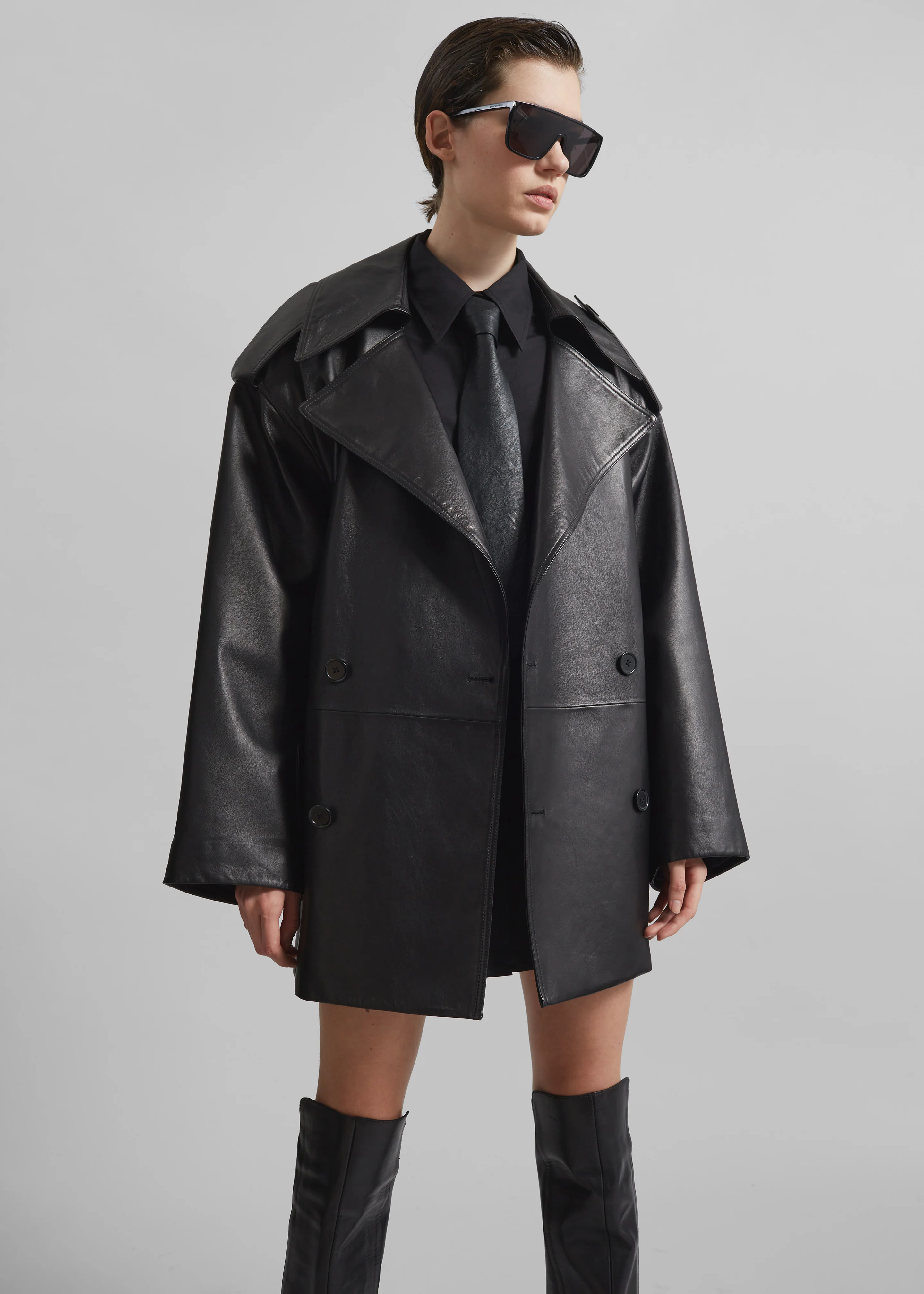 Zurich Oversized Faux Leather Short Trench - Black - Image 6