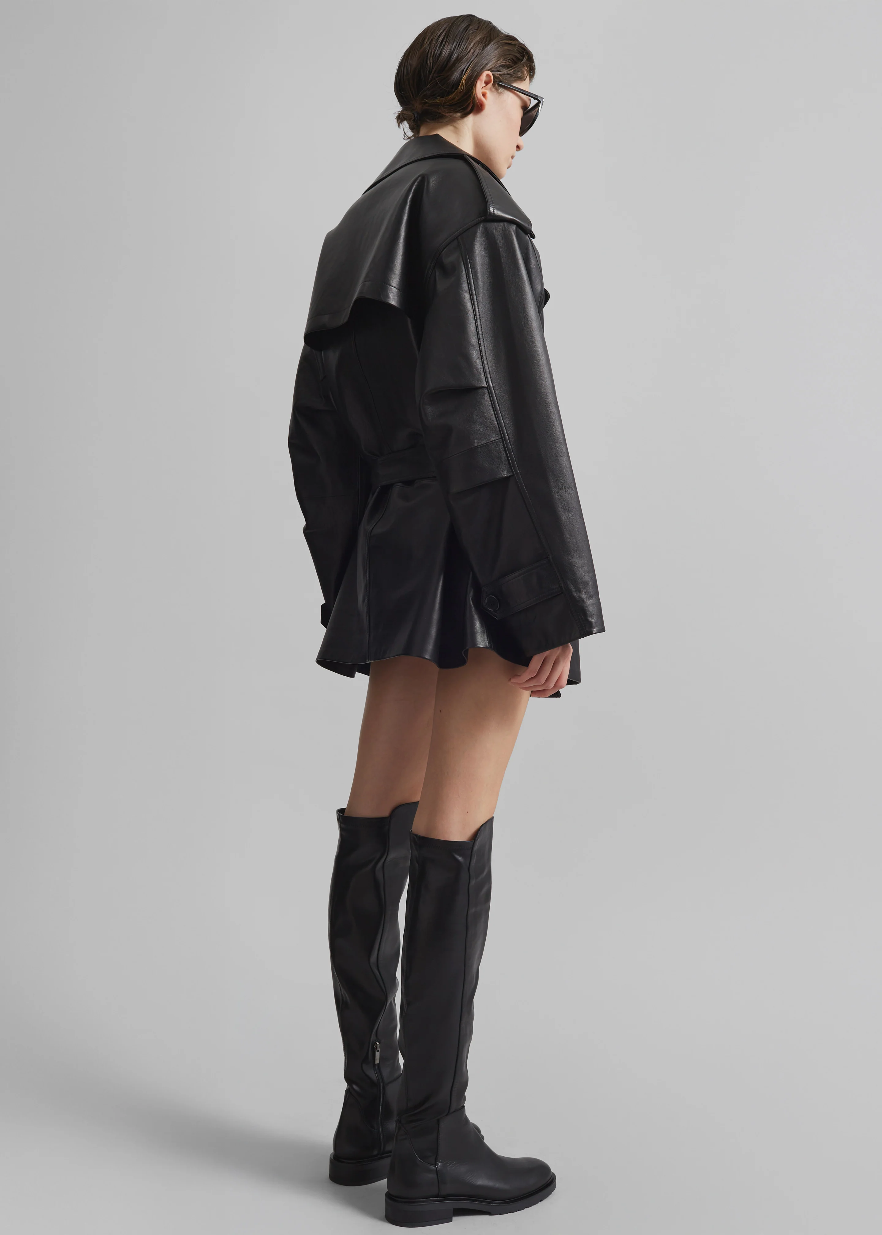 Zurich Oversized Faux Leather Short Trench - Black - Image 8