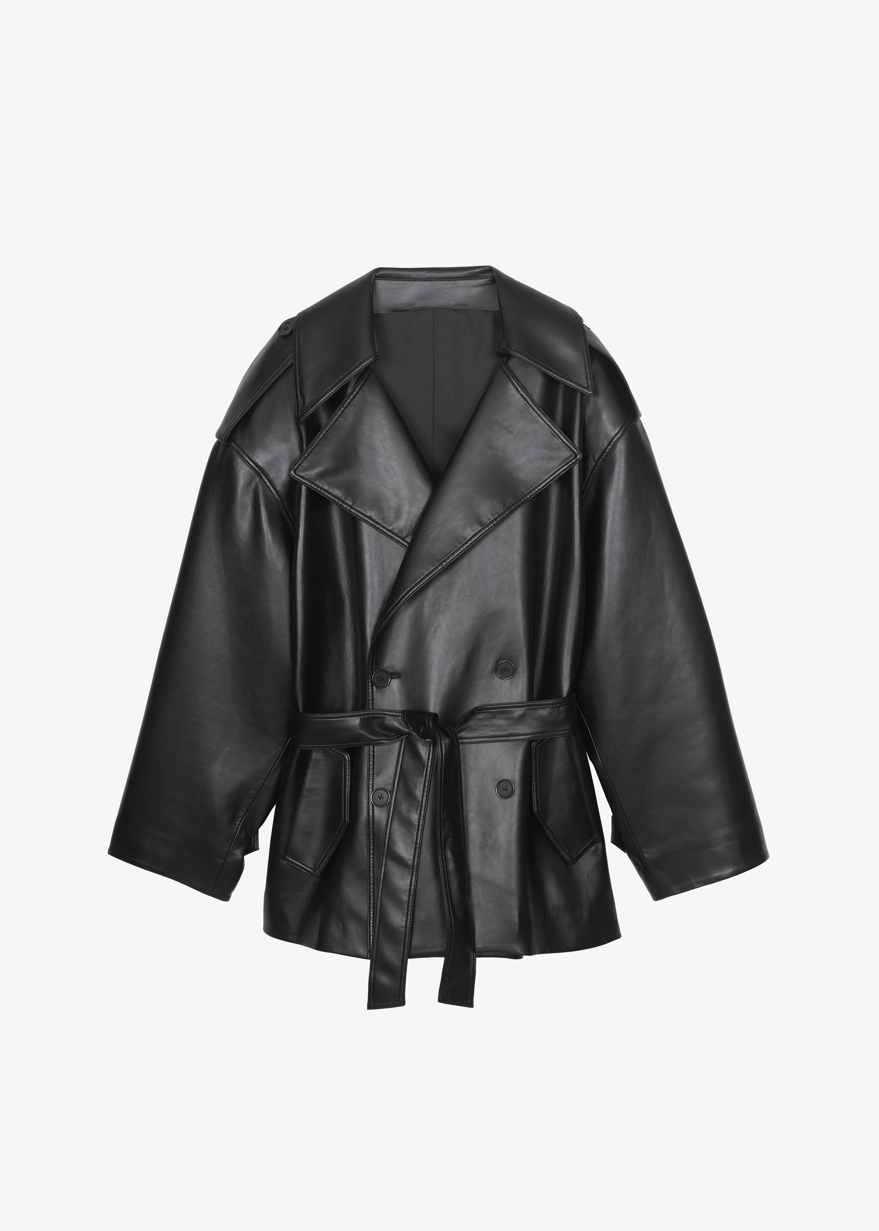 Zurich Oversized Faux Leather Short Trench - Black - Image 9